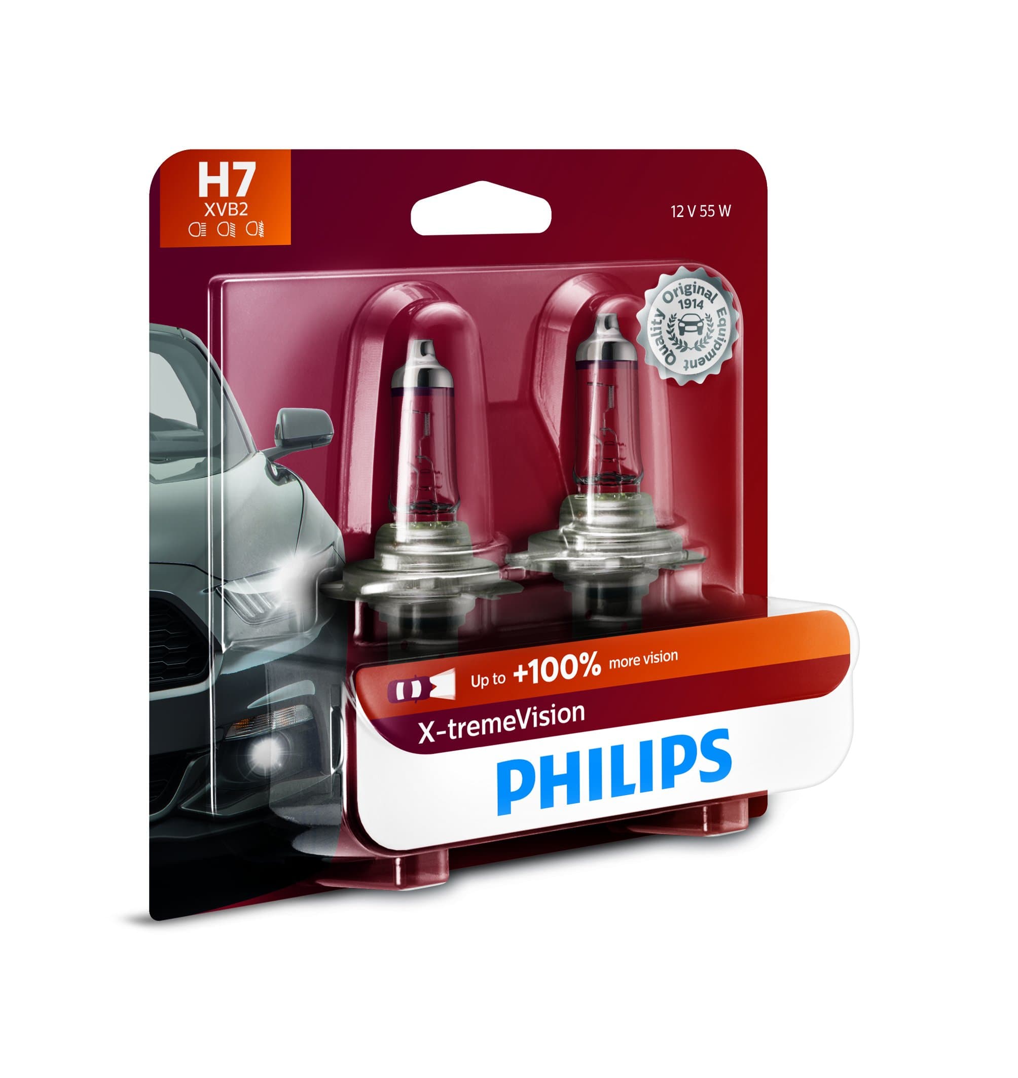 Philips Automotive Lighting H7 X-tremeVision Upgrade Headlight Bulb with up to 100% More Vision, 2 Pack, white (12972XVB2)