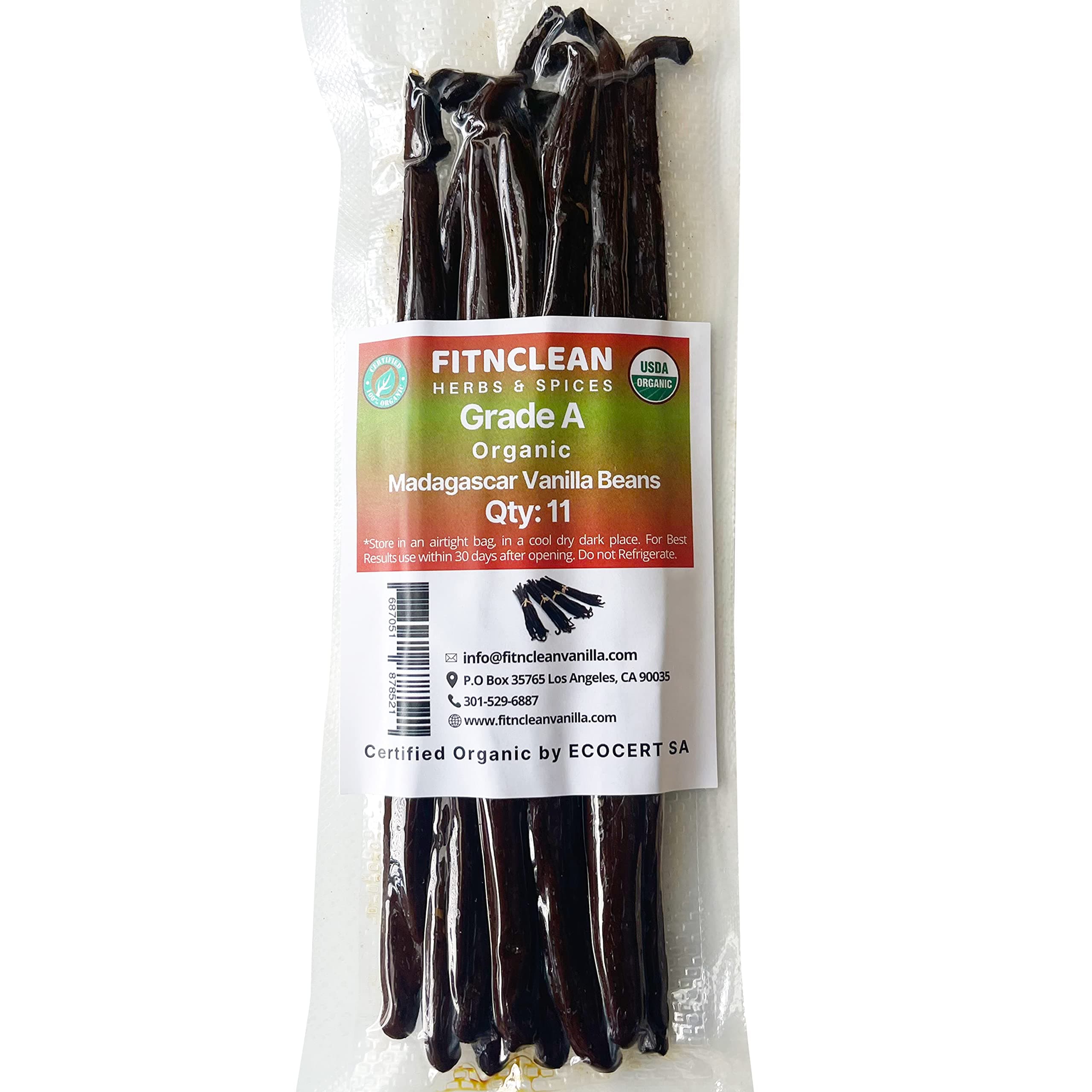 11 Madagascar Organic Vanilla Beans Grade A. Certified USDA Organic. ~6" by FITNCLEAN VANILLA for Cooking, Extract and Baking. Bourbon Fresh Gourmet NON-GMO Whole Pods