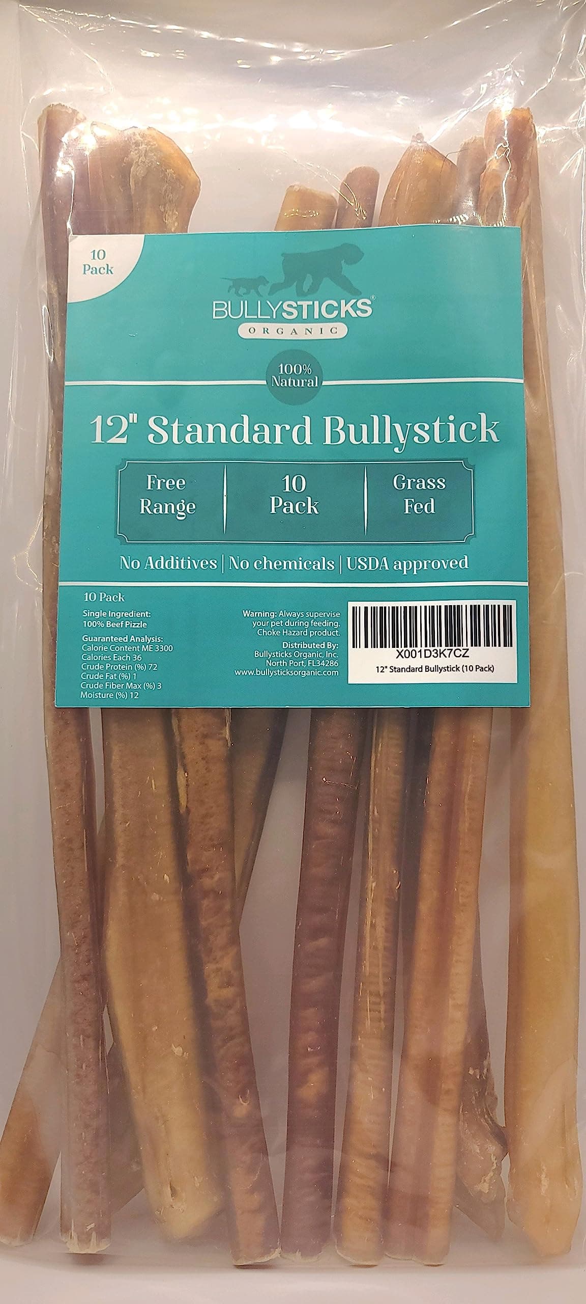 Standard 12" Bully Sticks for Dogs - All Natural Dog Treat, These Chews are Free Range Bully Sticks, USDA Approved (10 Pack)