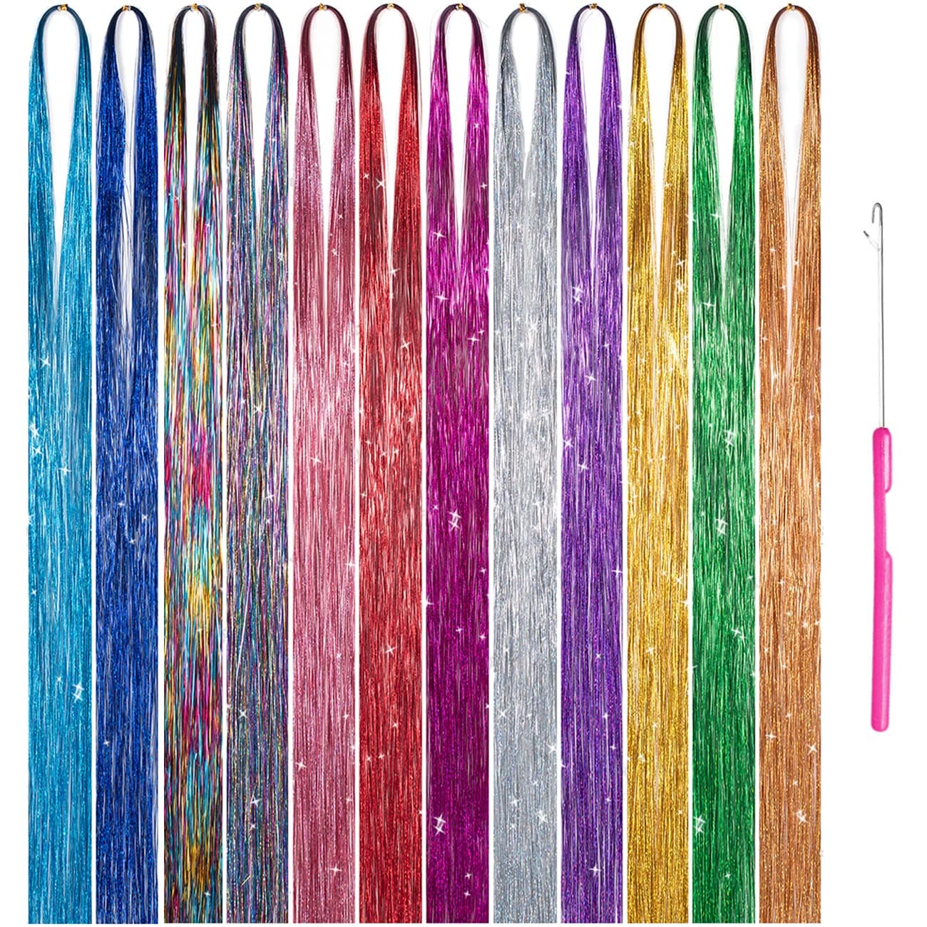 Hair Tinsel Kit with Tool 12 Colors 3000 Strands Hair Tinsel Kit Shiny Fairy Hair Tinsel Extensions Colord Party Highlights Glitter Hair Extensions Multi-Colors (12 Colors, 45")