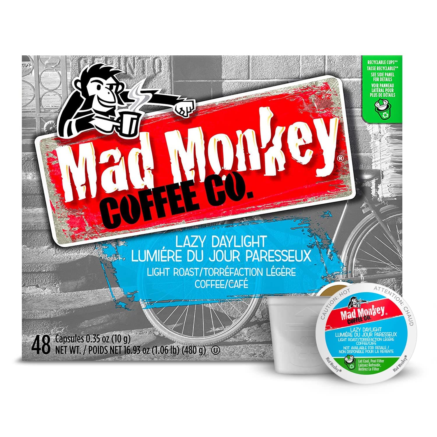 Mad Monkey Lazy Daylight, Light Roast Coffee, Keurig K-Cup Brewer Compatible Pods, 48 Count (Pack of 1)