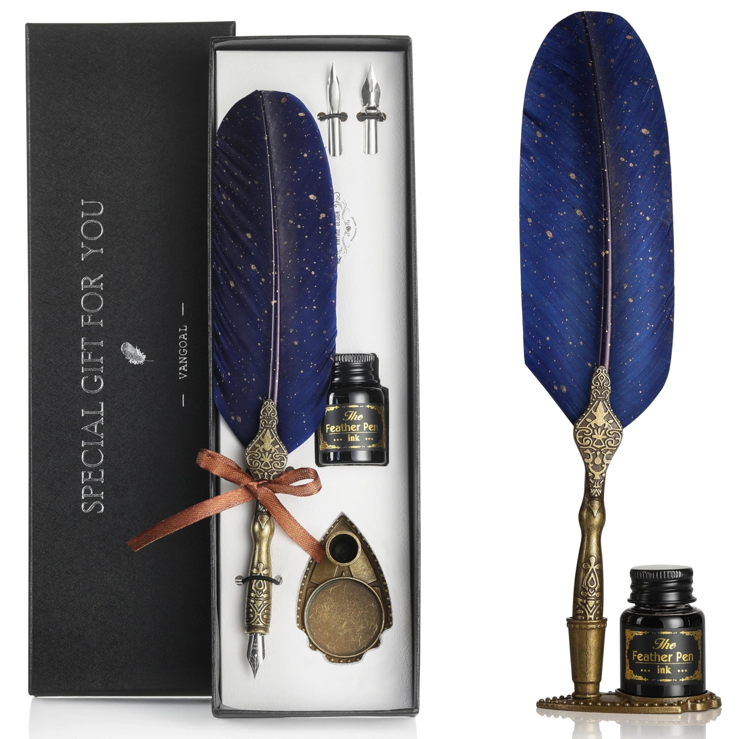 VANGOAL (Blue) - Vintage Carving Feather Pen Set, Glittering Quill Pen Set Antique Calligraphy Writing Dip Pen with Ink, 2 Replacement Nibs, Pen Stand Base, Luxury Vintage Signature Pen (Blue)