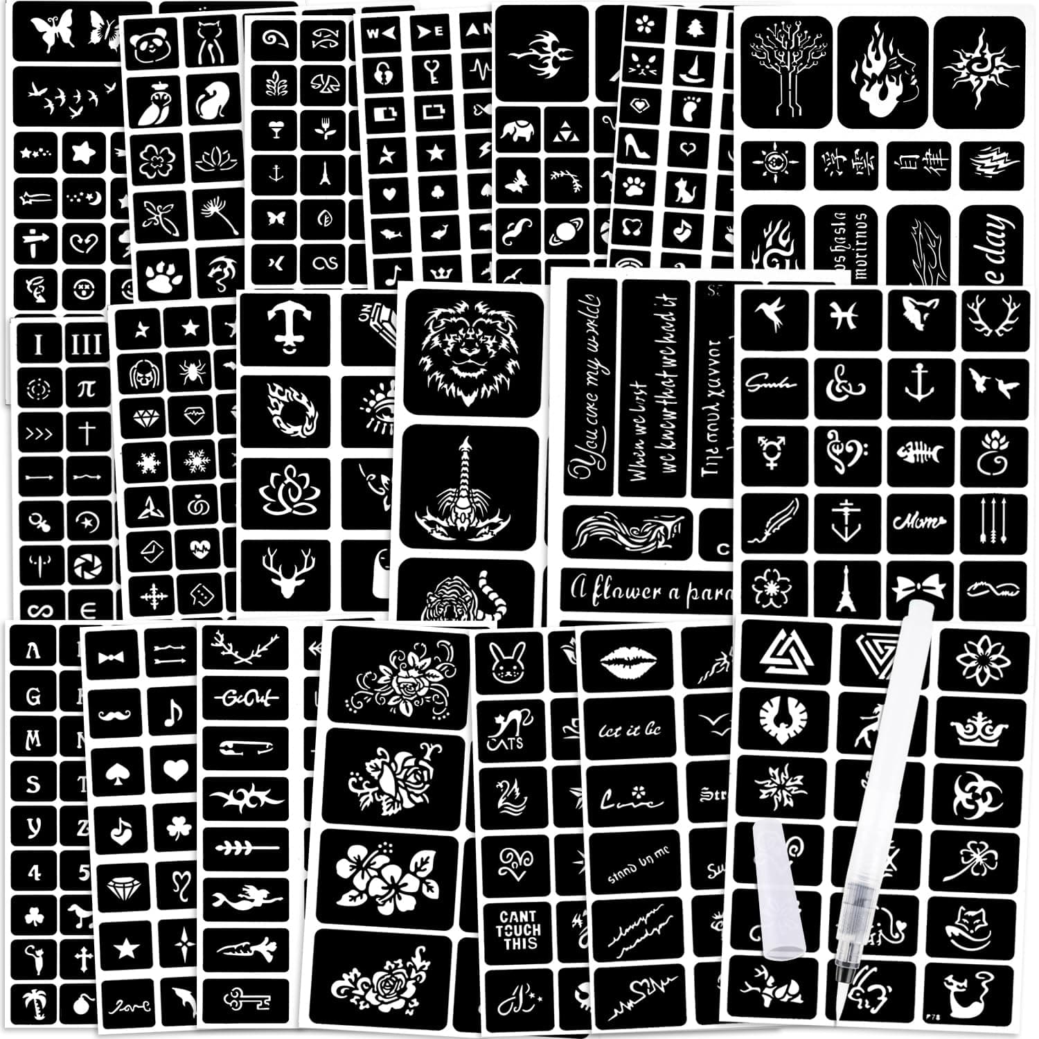 Konsait 629pcs Temporary Tattoos Stencils, Girls and Boys Glitter Tattoo Kit Templates Face Paint Stencils Body Art Stencil Stickers Pack for Adults Man Women Kids Teenager,20 Sheets