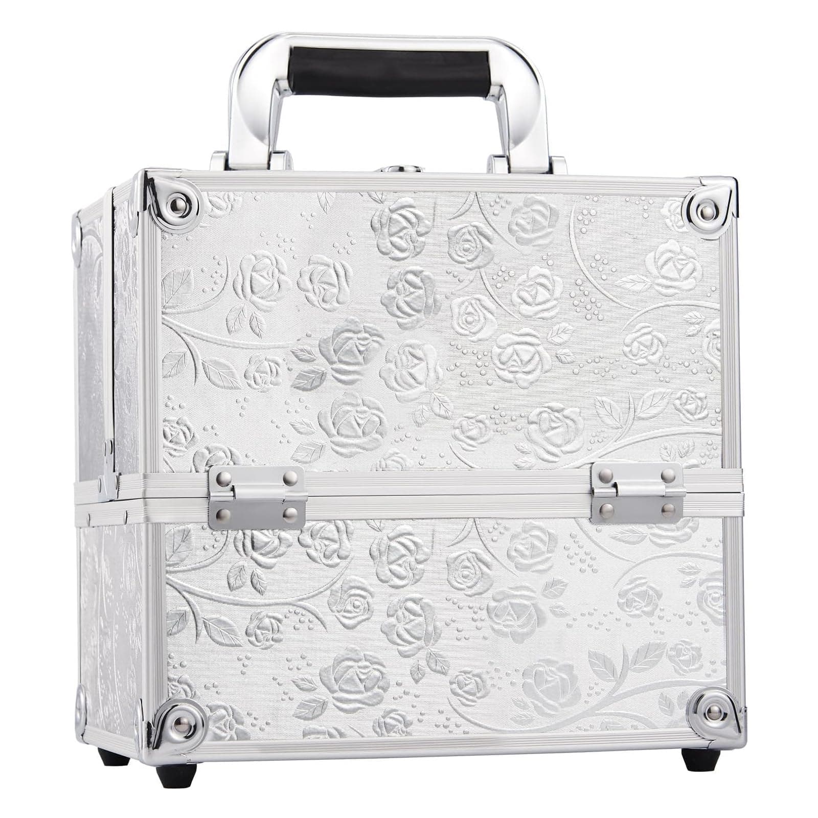 Professional Beauty Vanity Case Cosmetic Makeup Box Nail Polish Storage Beauty Train Case Lockable with Keys(Silver Rose)