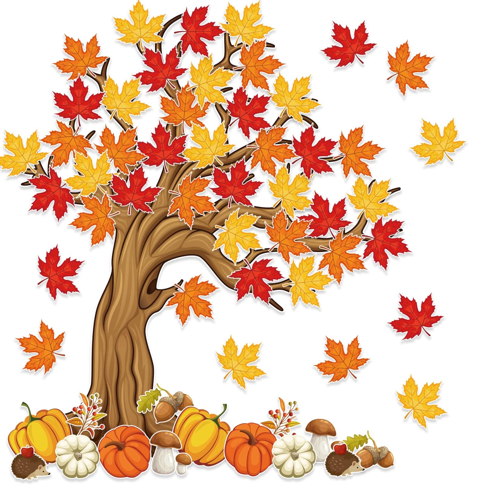 4Ft Big Tree Bulletin Board Set Spring Fall Summer Tree Bulletin Board Decoration with Maple Leaves Butterflies Pumpkins Cutouts for Classroom Home Chalkboard Wall Decoration, 74Pcs (Maple Leaves)