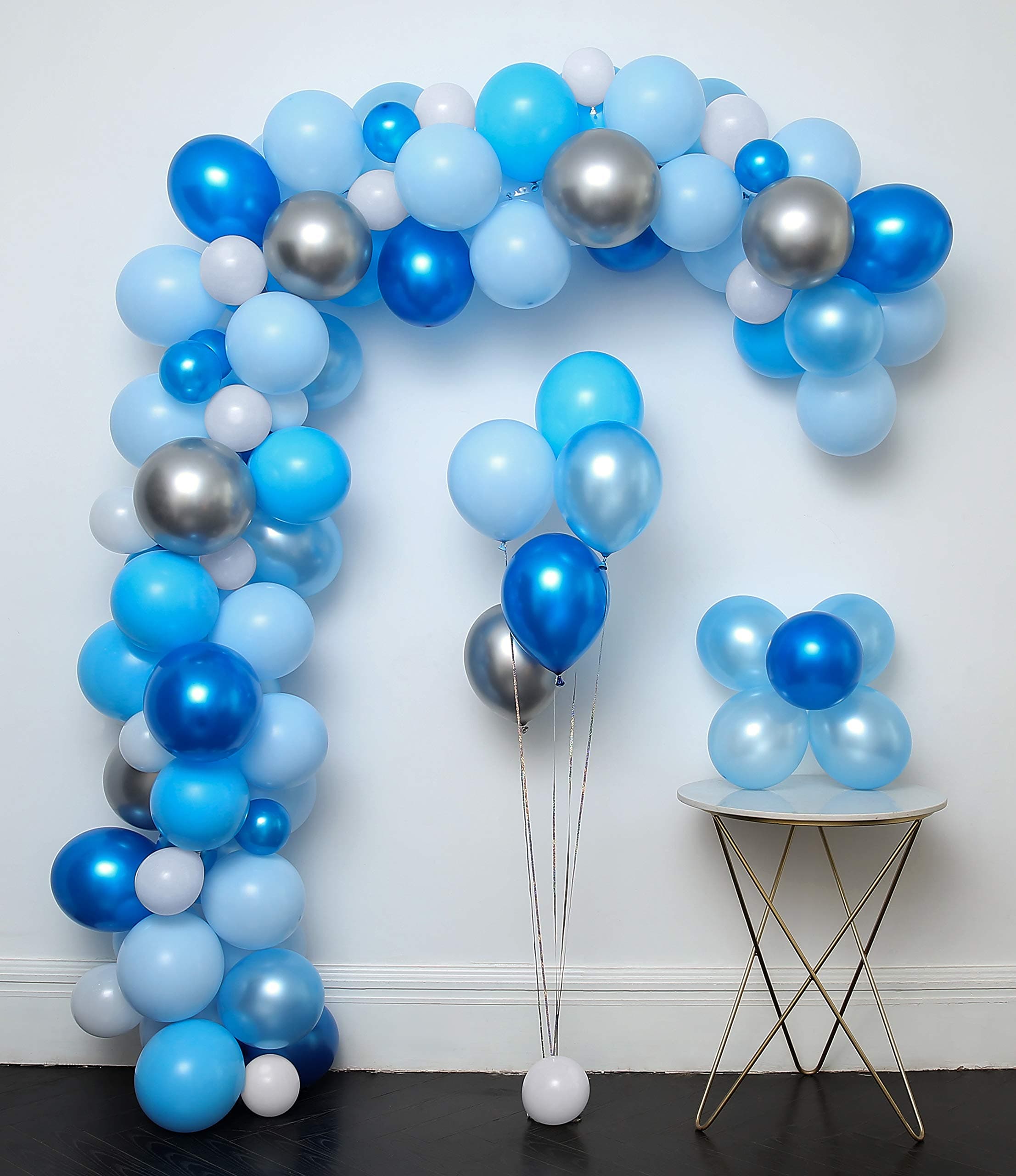 Blue and Sliver Latex Metallic Pearlescent Balloon 110 Pcs Arch & Garland Kit,Decorating Strip+Tying Tools+Points Stickers+Flower Clips+Curling Ribbon,Birthday, Shower, Party Decorations