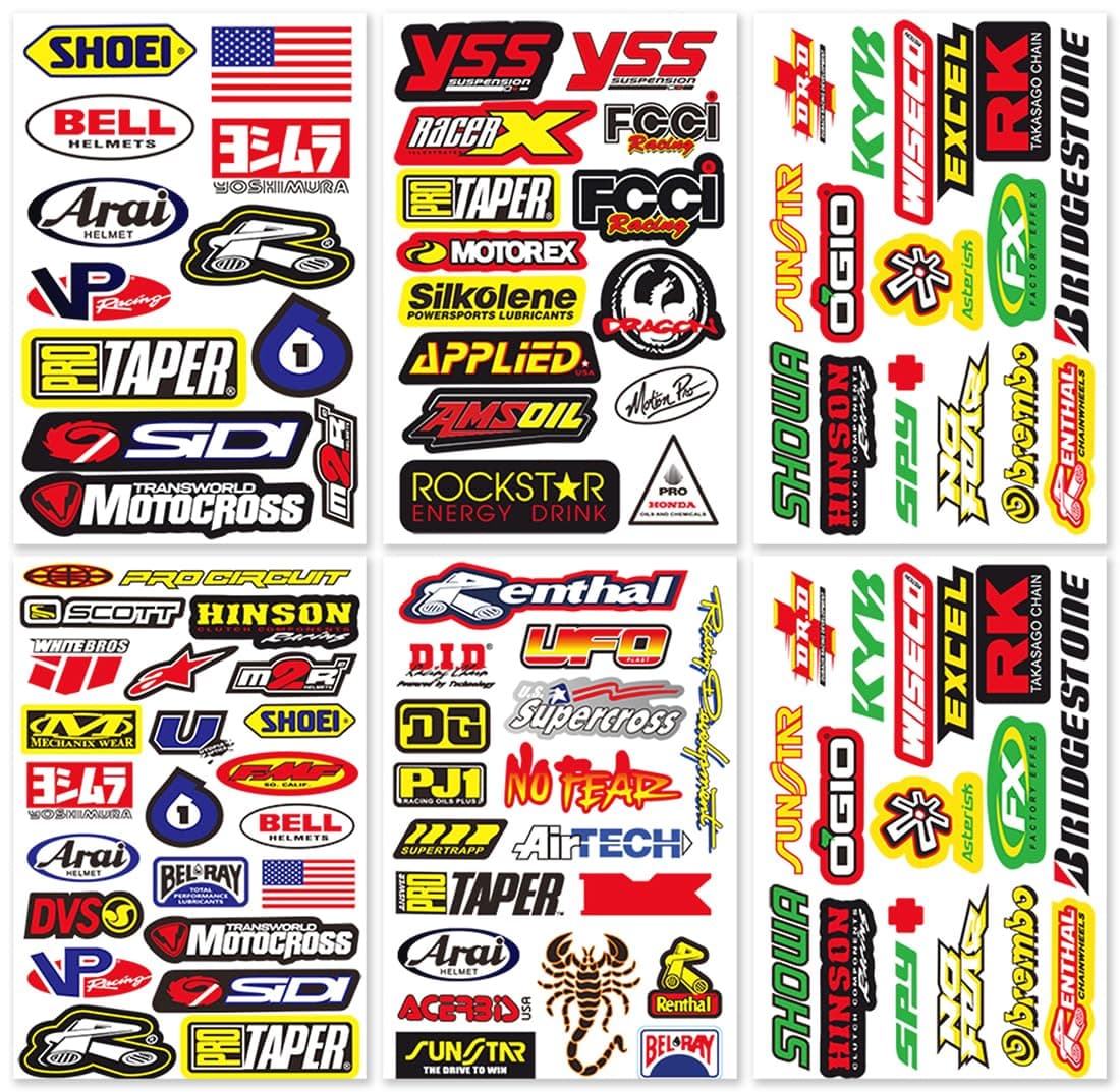 Motocross Dirt Bike Bikes Race Motorcycle motos rc Bicycle Trucks Parts Accessories Sponsor Logo ATV Skateboard Helmet Tool Box Racing Pack 6 Sheets Grafitti Vinyl Decals Stickers Kit D6721