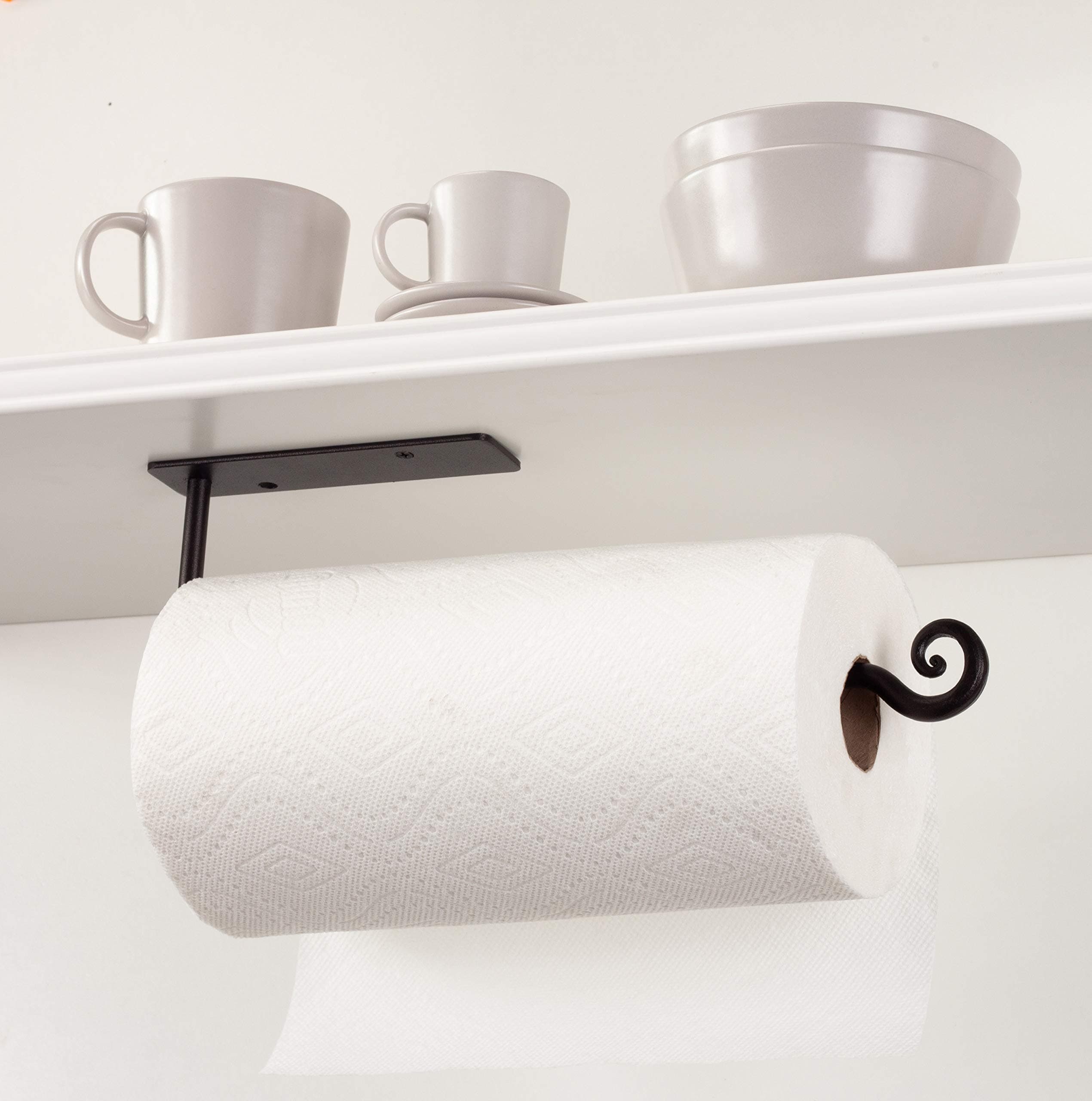RTZEN Under Cabinet Paper Towel Holder - Wrought Iron Cute Black Farmhouse Decor Inside Cabinet or Under Counter - Paper Towel Holder for Kitchen or Under Sink Paper Towel Holder for Bathroom
