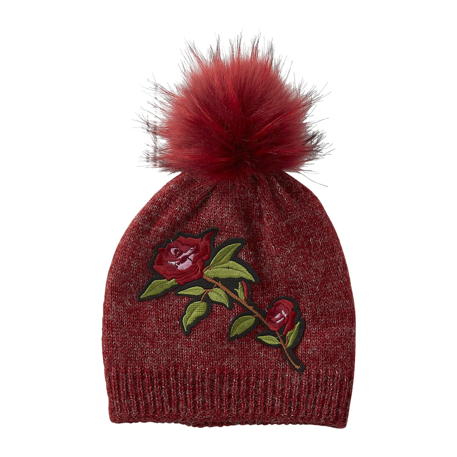 Tickled Pink Embellished Embroidered Rose Pom Pom Beanie Hat