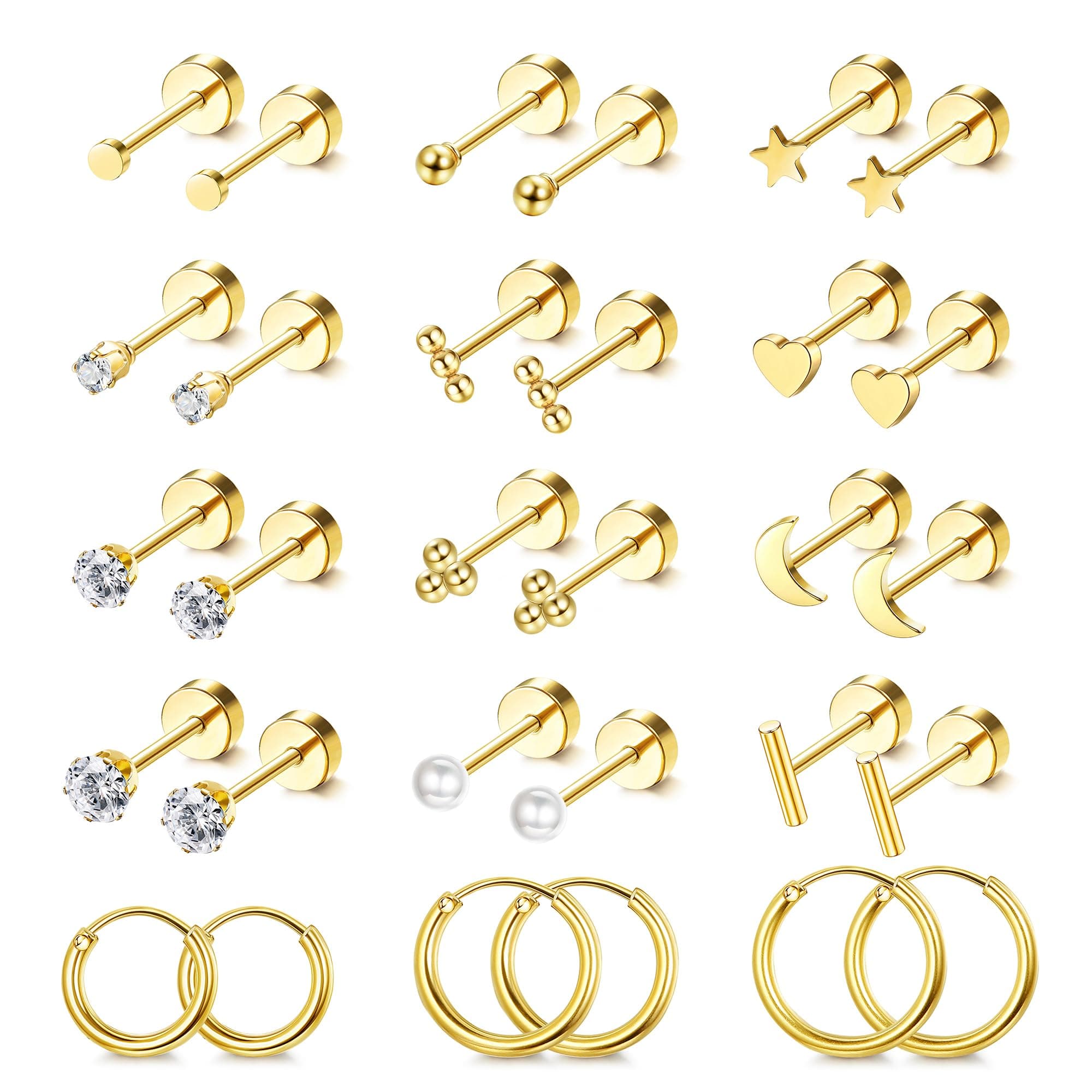 LOLIAS Small Hypoallergenic Flat Back Stud Earrings for Women Men 14K Gold Plated Surgical Stainless Steel Earring Sets Tiny Screw Back Cartilage Earrings for Sensitive Ears