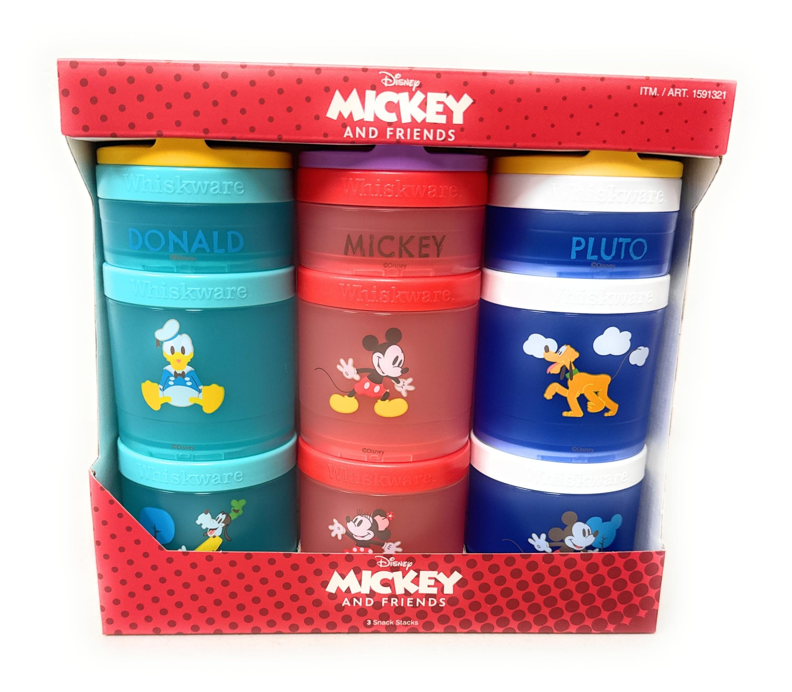Whiskware Portable Stackable Snack Containers for Kids, Mickey and Friends 3 Pack Snack Stacks Set, Great For School or Travel!, Normal, Red, 1591321