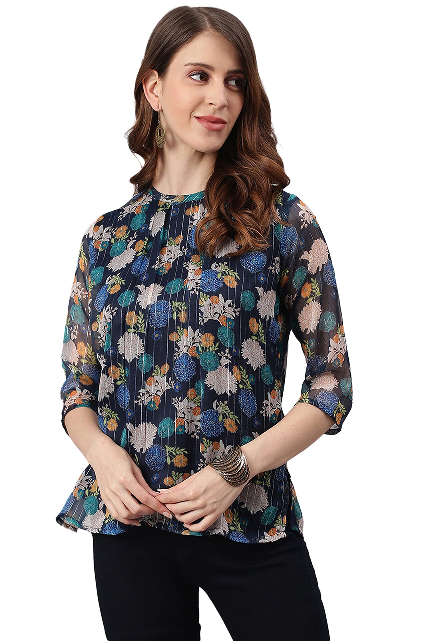 JanasyaWomen's Navy Blue Floral Printed Georgette Top