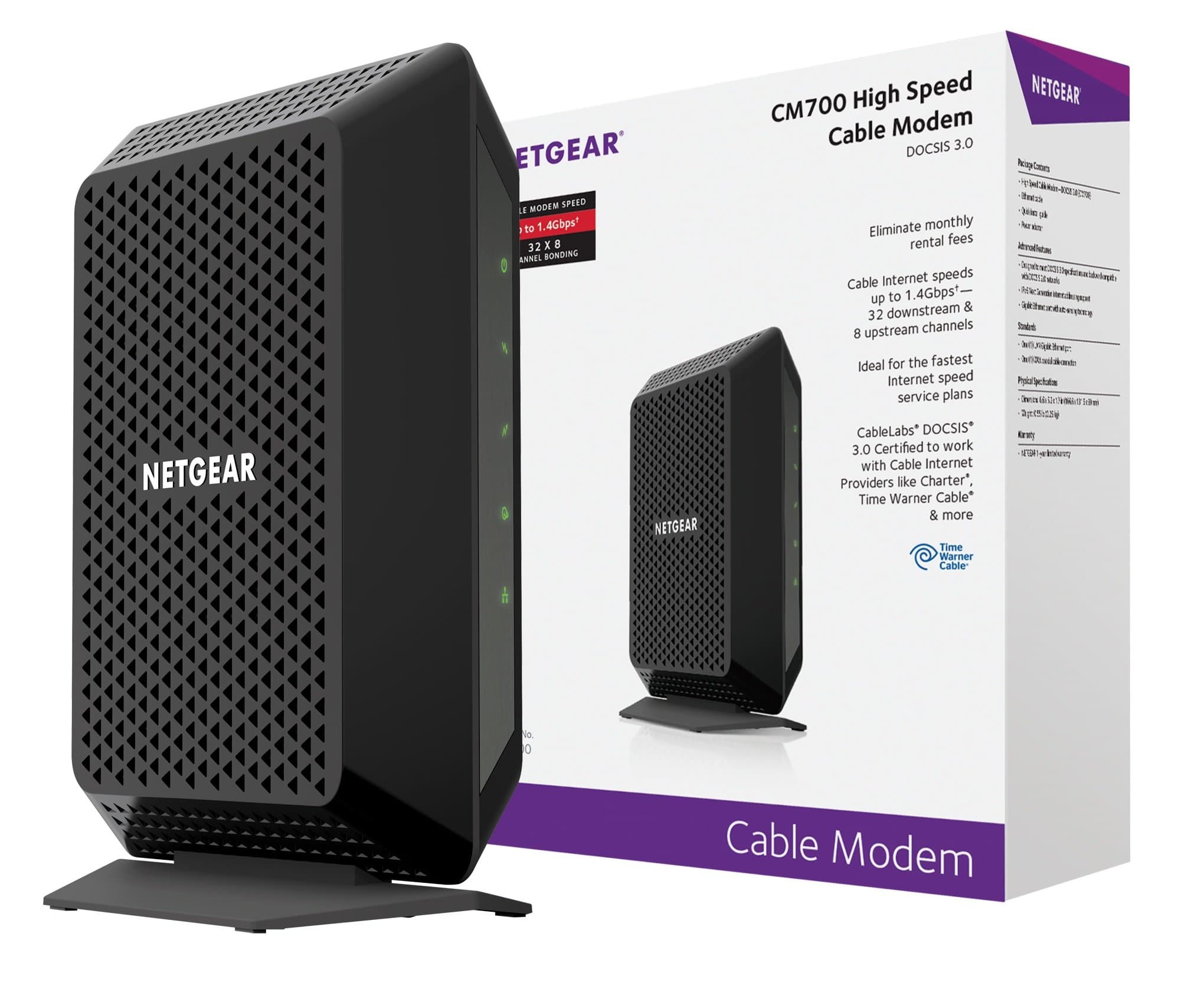 NETGEARCM700 (32x8) DOCSIS 3.0 Gigabit Cable Modem. Max download speeds of 1.4Gbps. Certified for XFINITY by Comcast, Time Warner Cable, Charter & more (CM700)