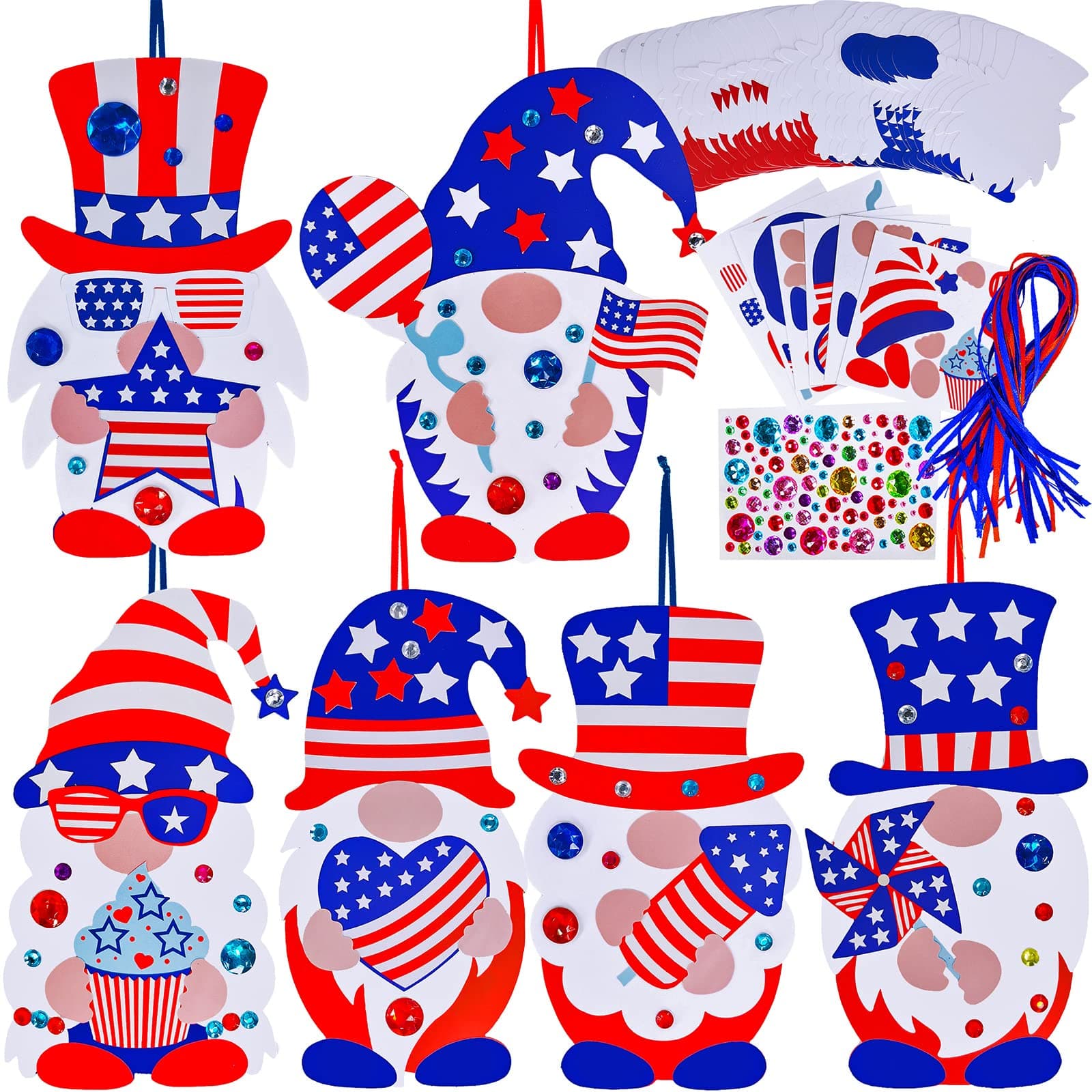 Winlyn 36 Sets Patriotic Ornaments Decorations DIY Patriotic Gnome Craft Kits Assorted Red White Blue American Patriotic Stickers for Kids 4th of July Memorial Day Party Favors Classroom Art Activity