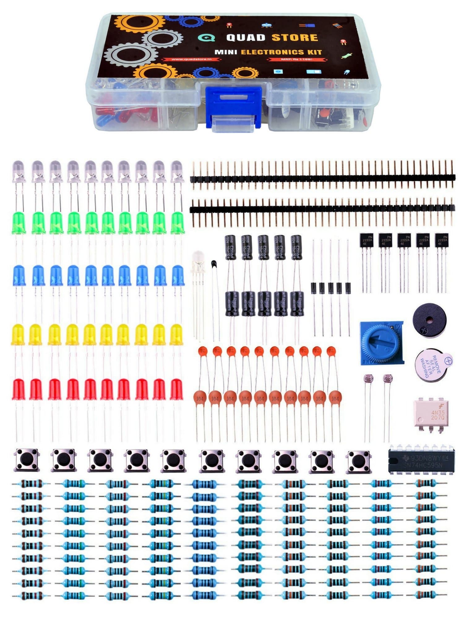 Quad Store - Mini Electronics Components kit with buzzer, button, leds, potentiometer, resistor, capacitor etc