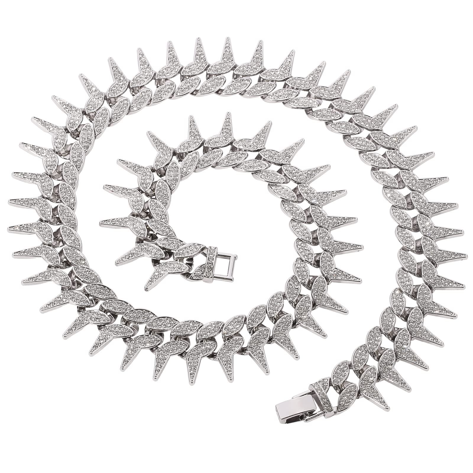 rongji jewelry New Thorns Design Iced Out Cuban Link Chain with Full Rhinestone Miami Choker Necklace Shining Hip Hop Accessories for Nightclub, Party, Daily, 24, Zinc, Cubic Zirconia