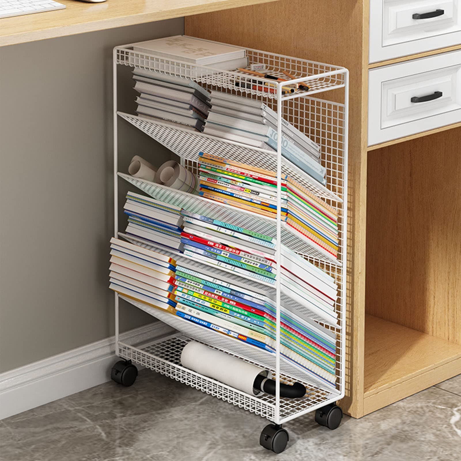 6 Tier Trolley Storage Rack, Multi Layer Desk Document File Tray Organizer Mesh Study Supplies Holder Rack with Wheels, Movable Grid Bookshelf, Side Shelf of Desk for Saving Space (White)