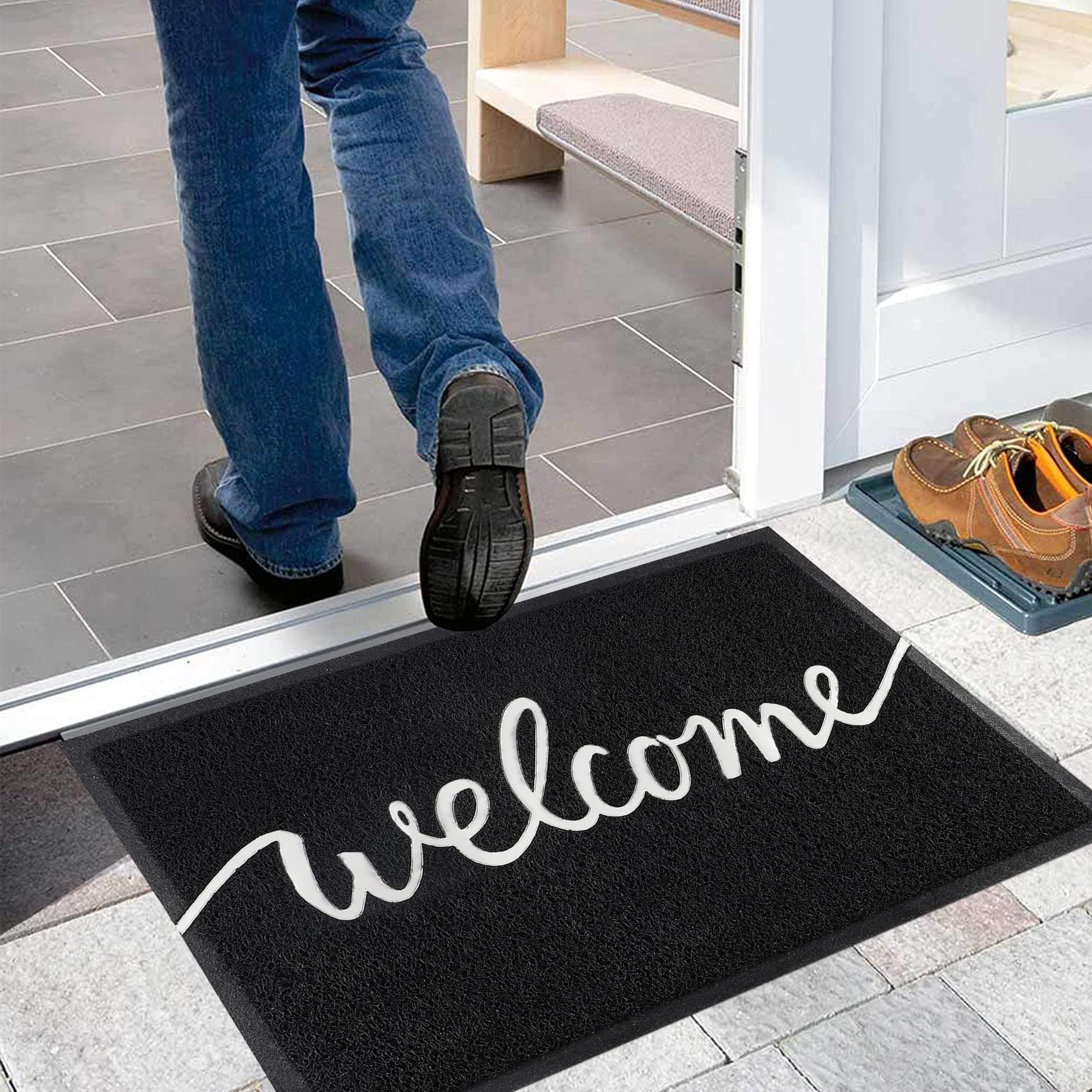 FamibayWelcome Door Mat Dirt Trapper Indoor Outdoor Doormat Low-Profile Entrance Mat Non Slip Barrier Mats Washable Entryway Floor Rug for Front Back Door Hallway (Black, 45x75cm)
