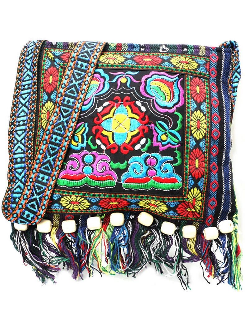 Vintage Ethnic Tribal Embroidered Tassel Sling Crossbody Boho Hippie Shoulder Bag