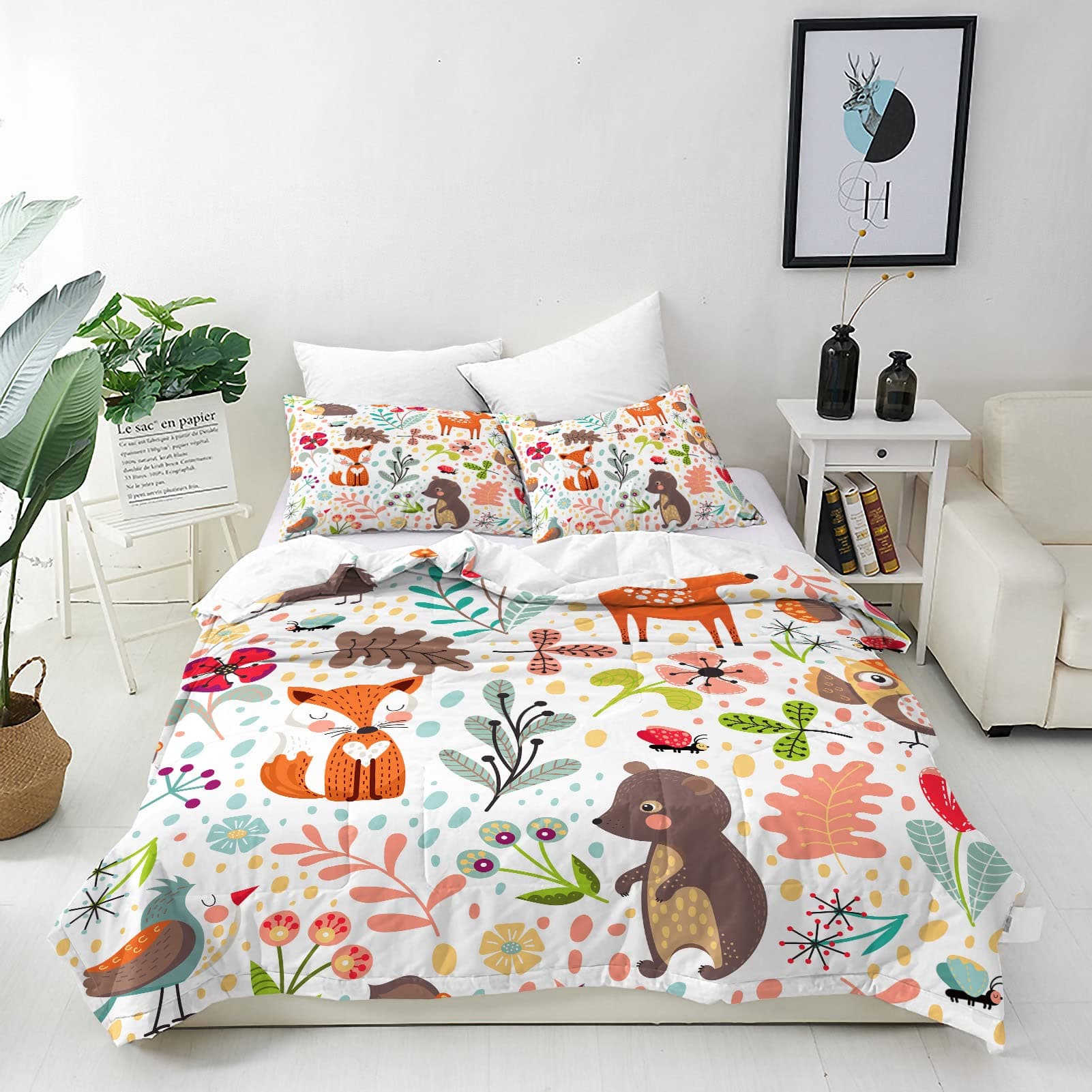 ANHOPE Woodland Animal Duvet Cover Set Soft Lightweight 3Pcs Bedding Set with 2 Pillowcase Jungle Safari Bear Fox Owl Print Pattern Kids Baby Boys Girls Nursery Quilt Cover with Zipper Single Size