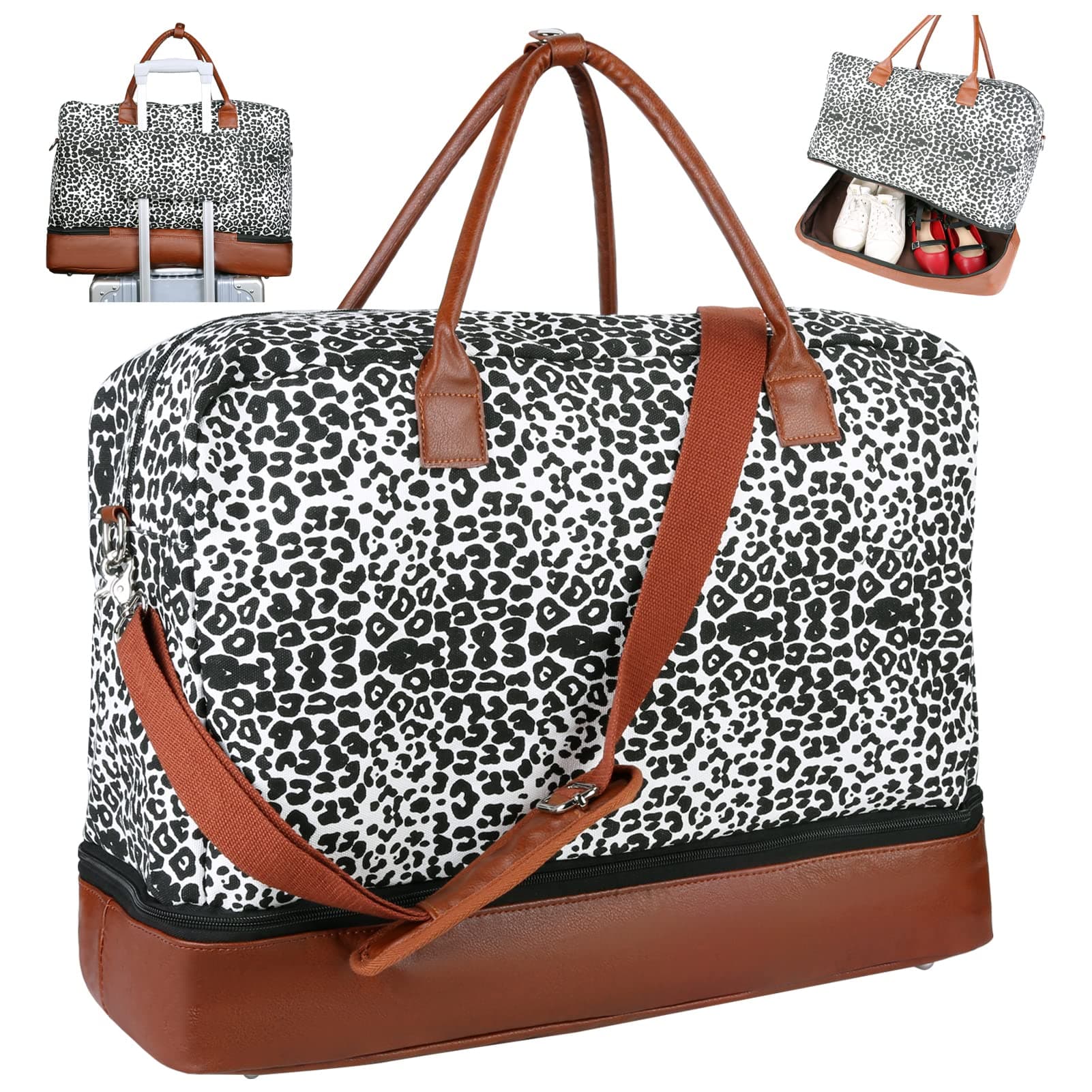 Weekender bag with Shoe Compartment for Women/Men, 46L Sports Gym Tote Bags, Extra Large Duffel Bags for Traveling Extra Large, Bodaon Carry on bags for Airplanes Travel (Cheetah Leopard)