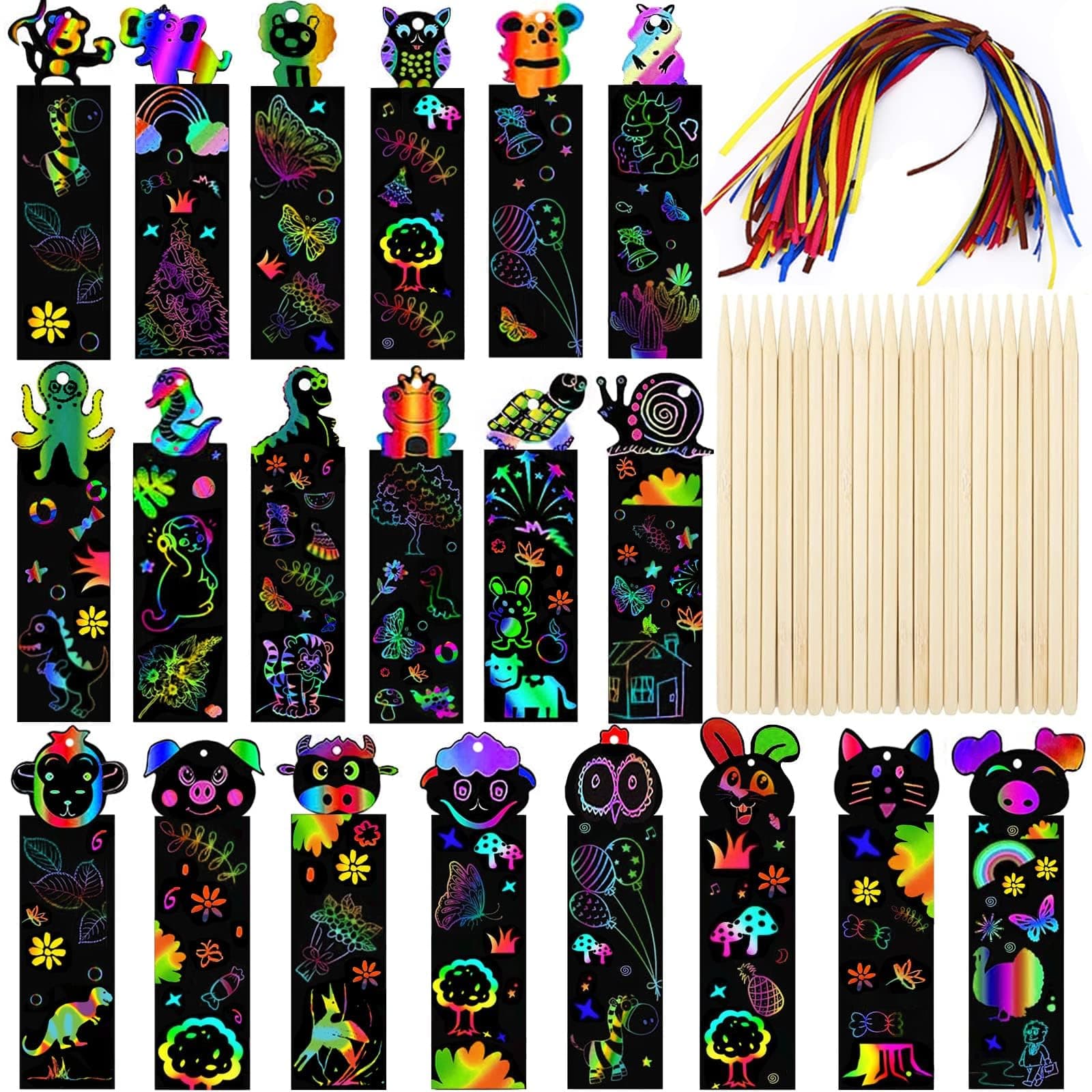 Scratch Art for Kids, 48 Pcs Magic Rainbow Bookmarks for Children, Scratch Art Party Bag Fillers, DIY Scratch Paper Art Tags with Wooden Stylus and Ribbons for Classroom Birthday Gifts