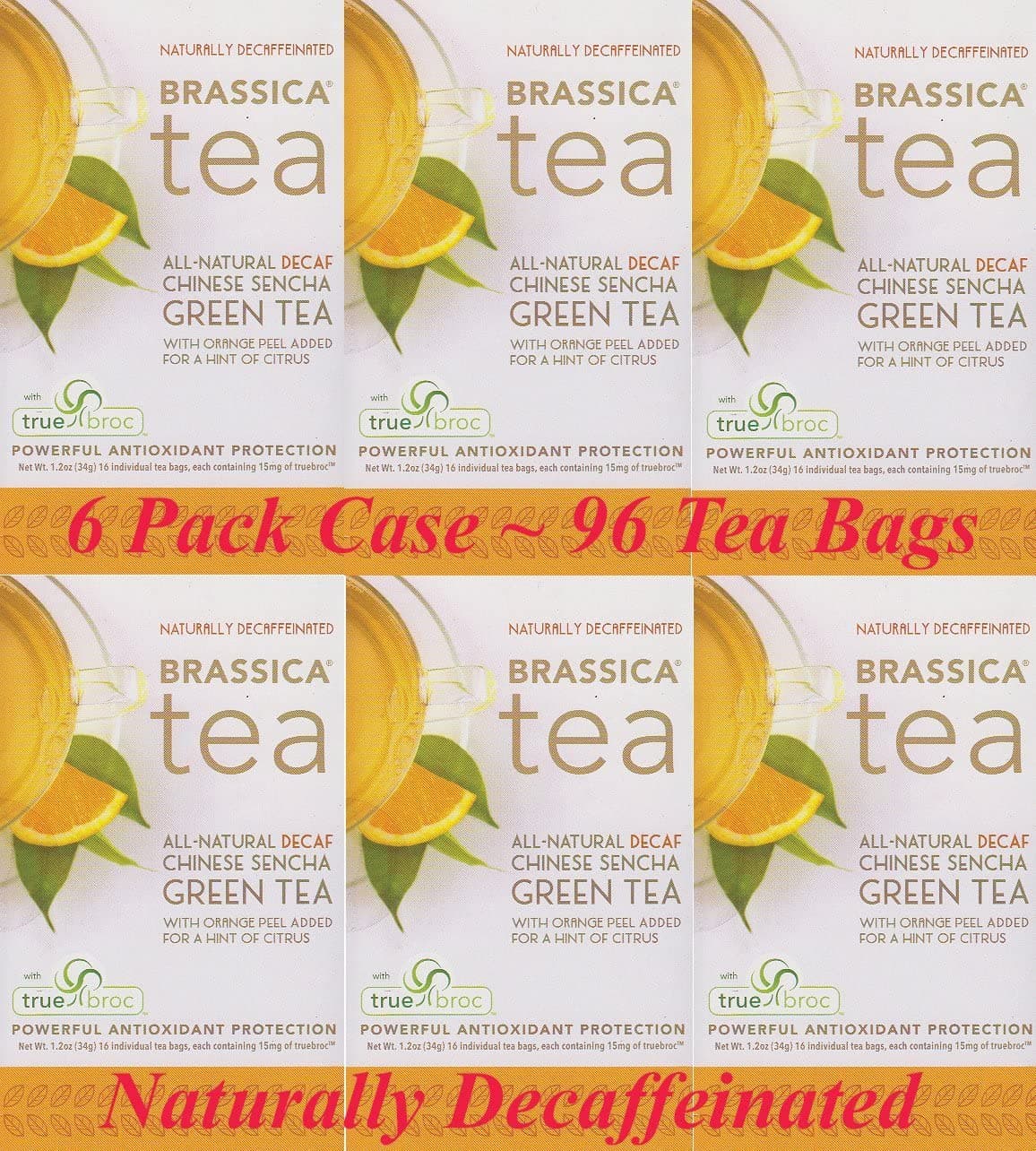 Brassica® DECAF. Green W/Orange Tea W/sgs~ 6 Boxes (96 Tea Bags)