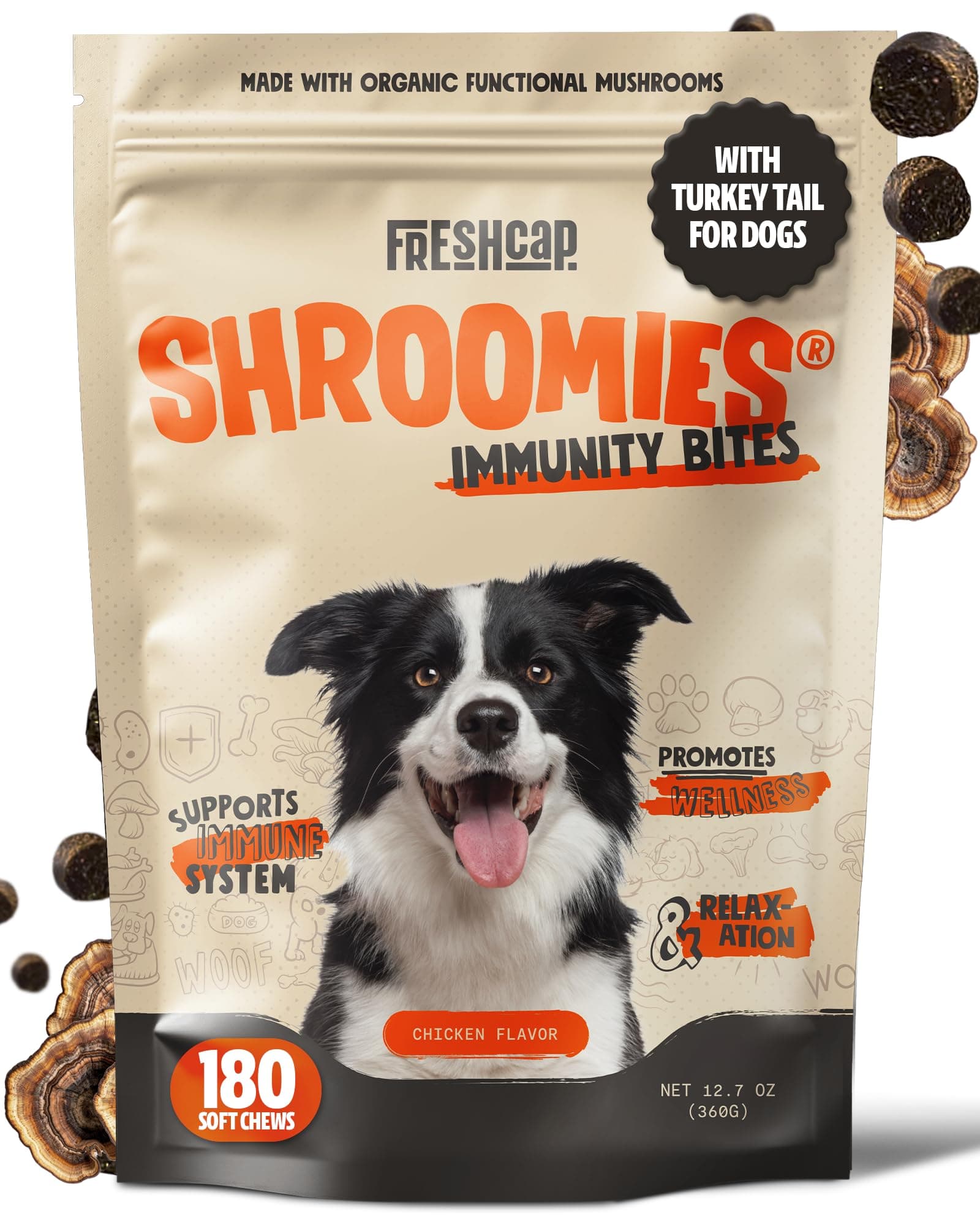 FreshCap Mushrooms Shroomies - 13 in 1 Turkey Tail Mushroom for Dogs, Super Blend Mushroom Supplement for Dogs, Dog Immune Support, Calming Treats (180 Soft Chews)