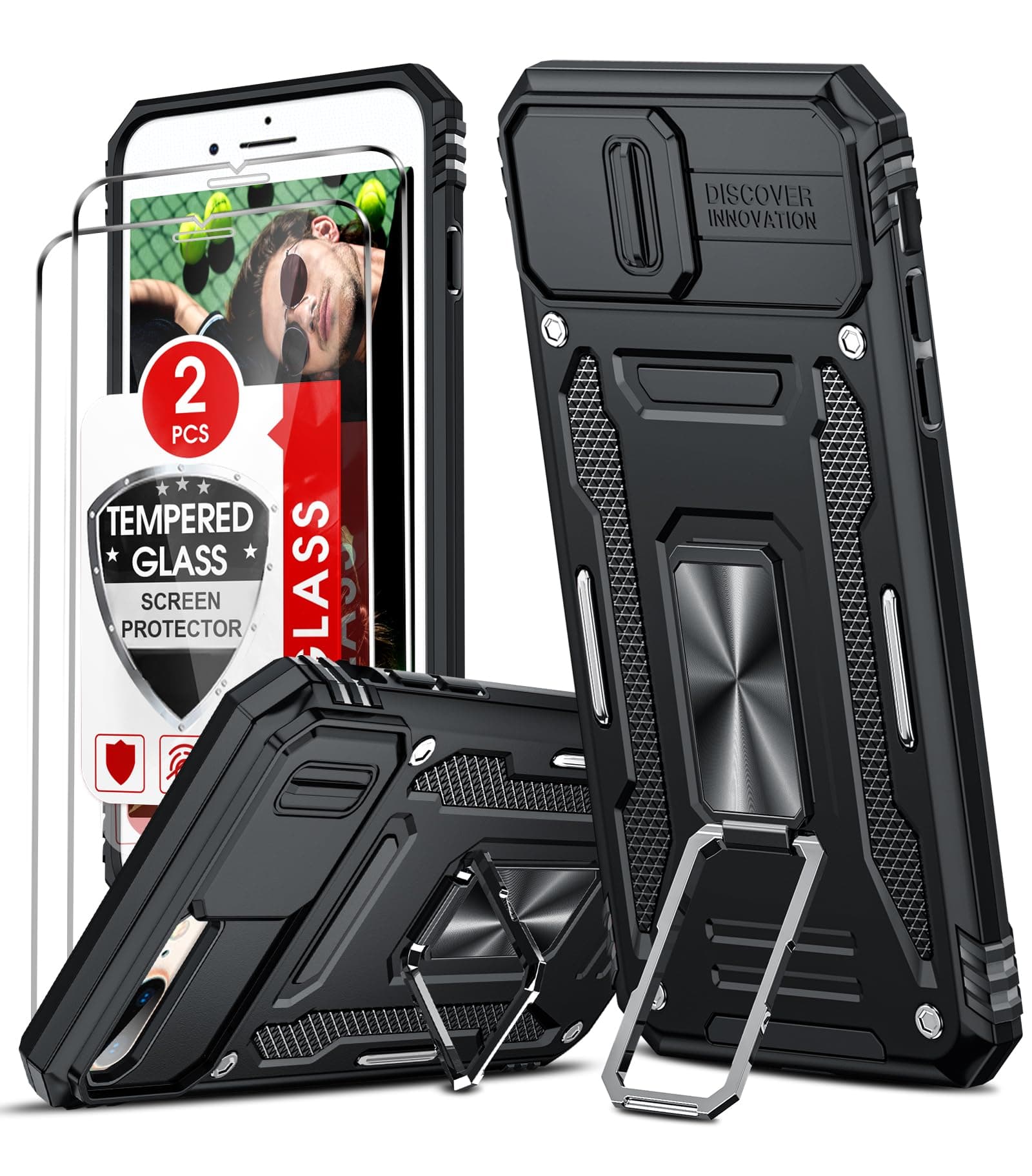 LeYifor iPhone 8 Plus/7 Plus Case with Camera Lens Cover Slider, 2 Screen Protectors, Ring Stand Military Shockproof Armour Phone Cover, Black