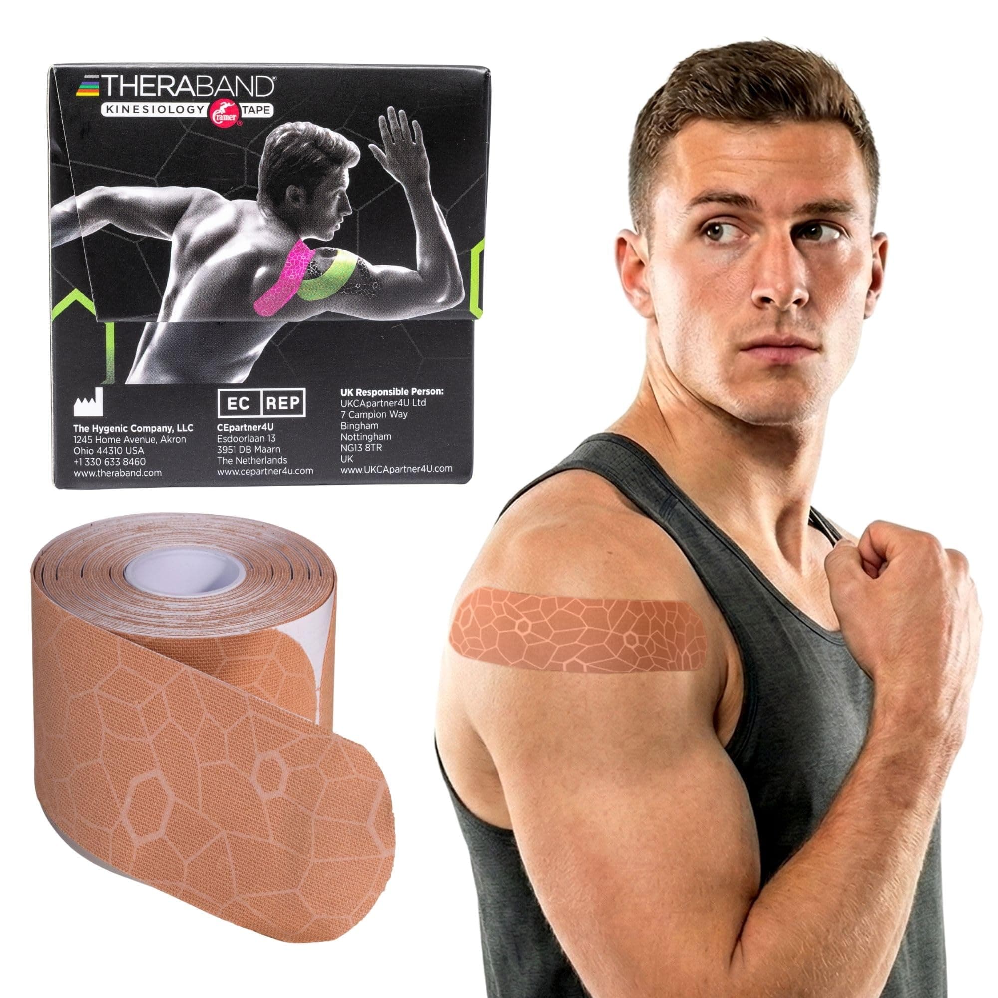 TheraBand Kinesiology Tape, Waterproof Physio Tape for Pain Relief, Muscle & Joint Support, Standard Roll with XactStretch Application Indicators, 2" X 10" Strips, 20 Precut Strips, Beige/Beige