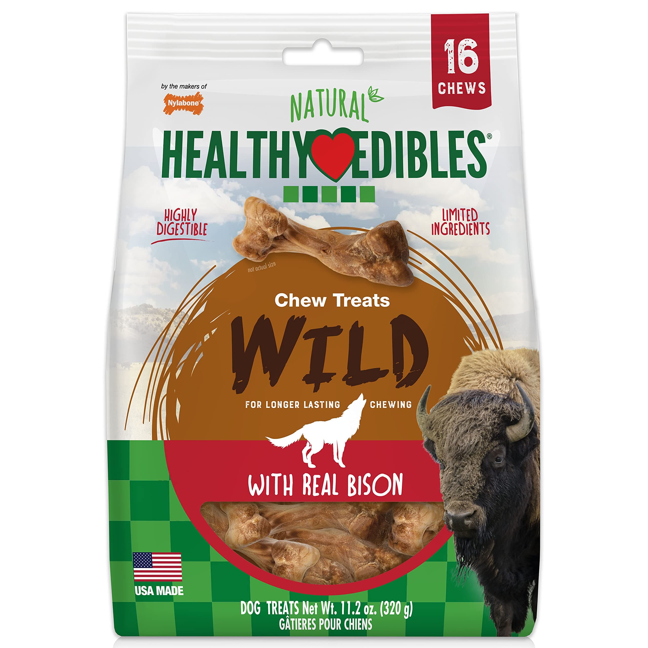 Healthy Edibles WILD Natural Long-Lasting Dog Treats - Dog Bone Treats - Bison Flavor, Small (16 Count)