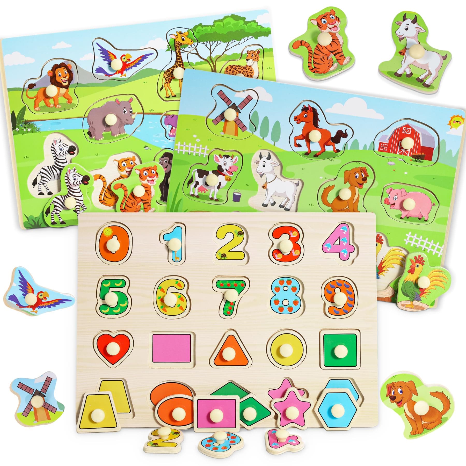 Lenbest 3 Piece Wooden Puzzles - Montessori Toys for 2 3 4 5 Year Old Girls and Boys - Puzzles for 2 3 4 5 Year Olds - Toddler Puzzles Gifts