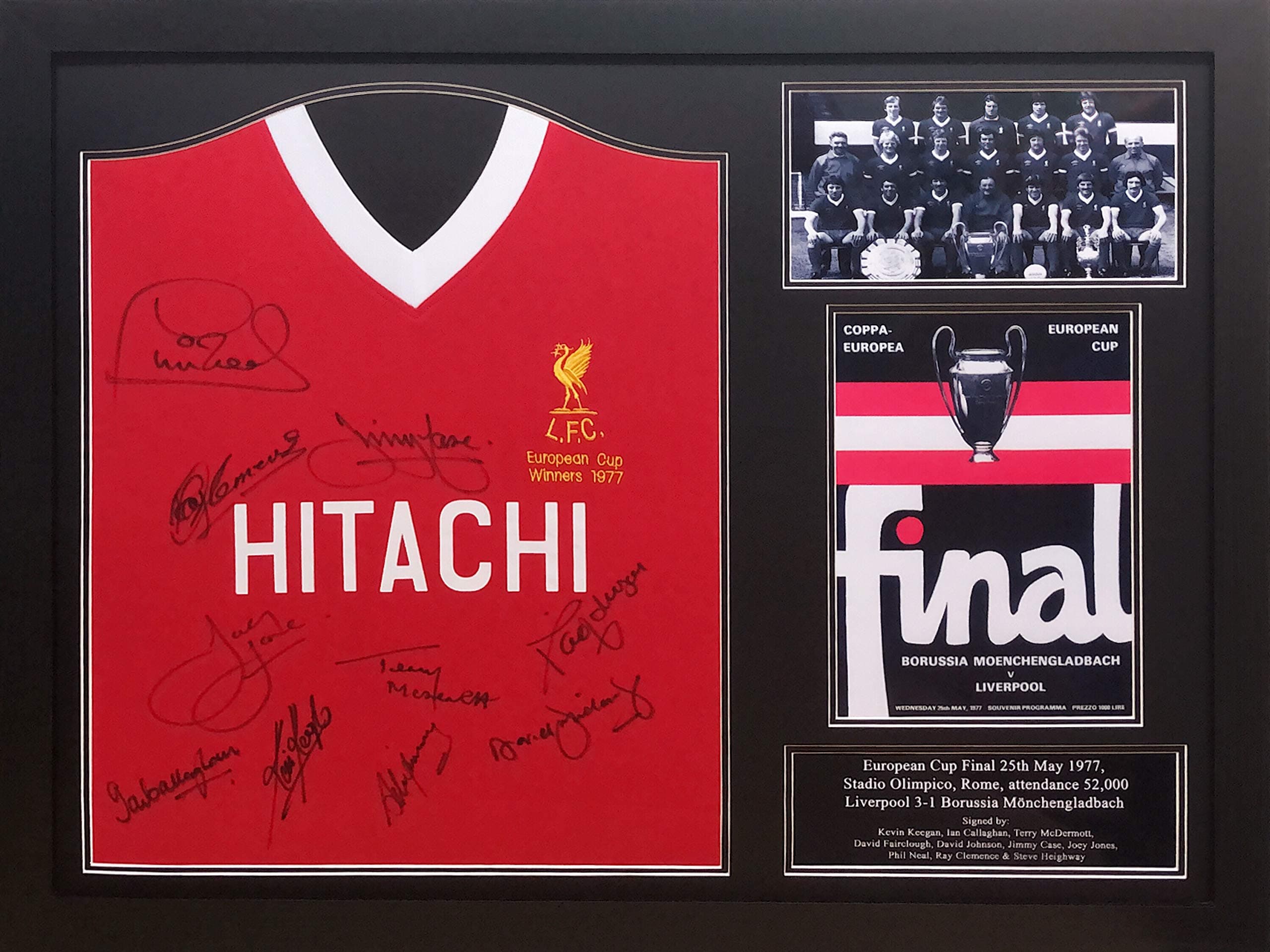 Allstarsignings Liverpool 1977 European Cup final shirt signed by 10 and framed with COA and proof.