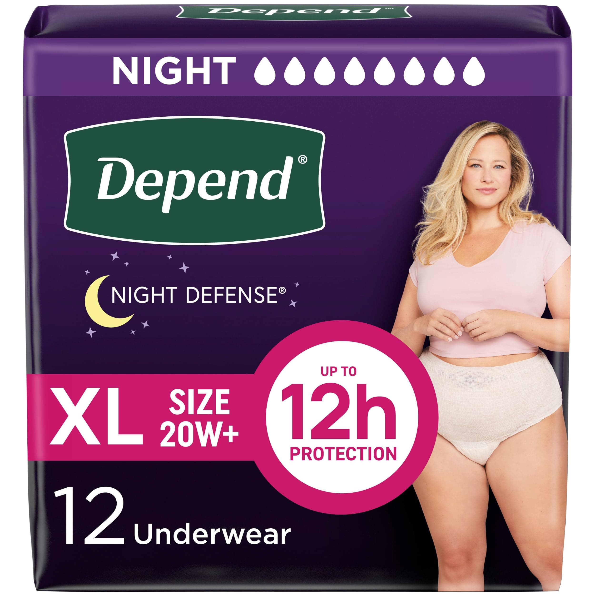 Night Defense Adult Diapers, Incontinence & Postpartum Bladder Leak Underwear for Women, Disposable, Overnight, Extra-Large, Blush, 12 Count, Packaging May Vary