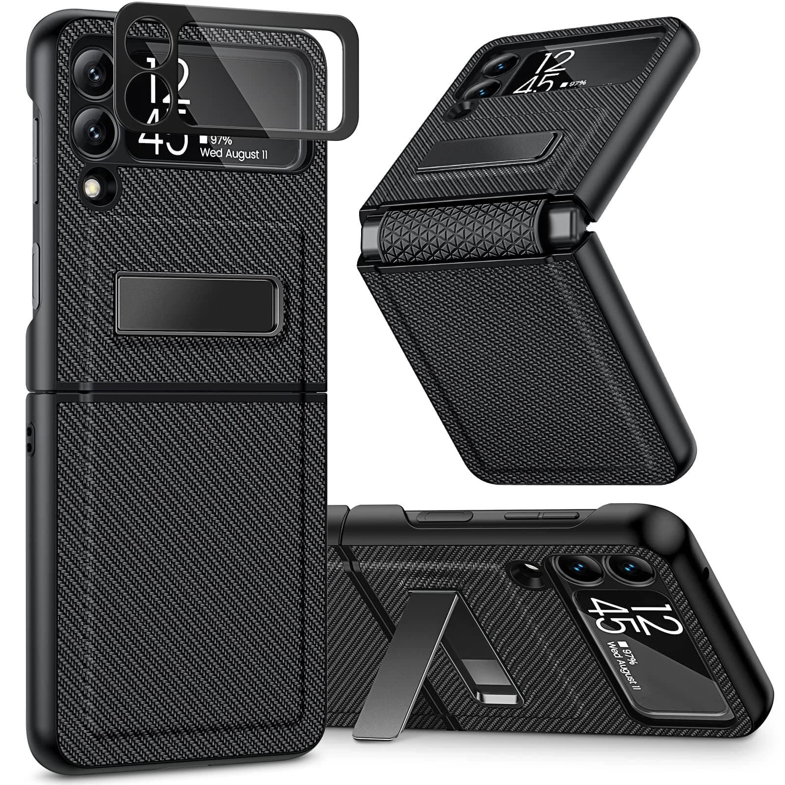 Caka Compatible for Galaxy Z Flip 3 5G Kickstand Case, Z Flip 3 Case with Camera Protector Hinge Protection Wireless Charging Cover for Samsung Galaxy Z Flip 3 (Carbon Fiber Black)