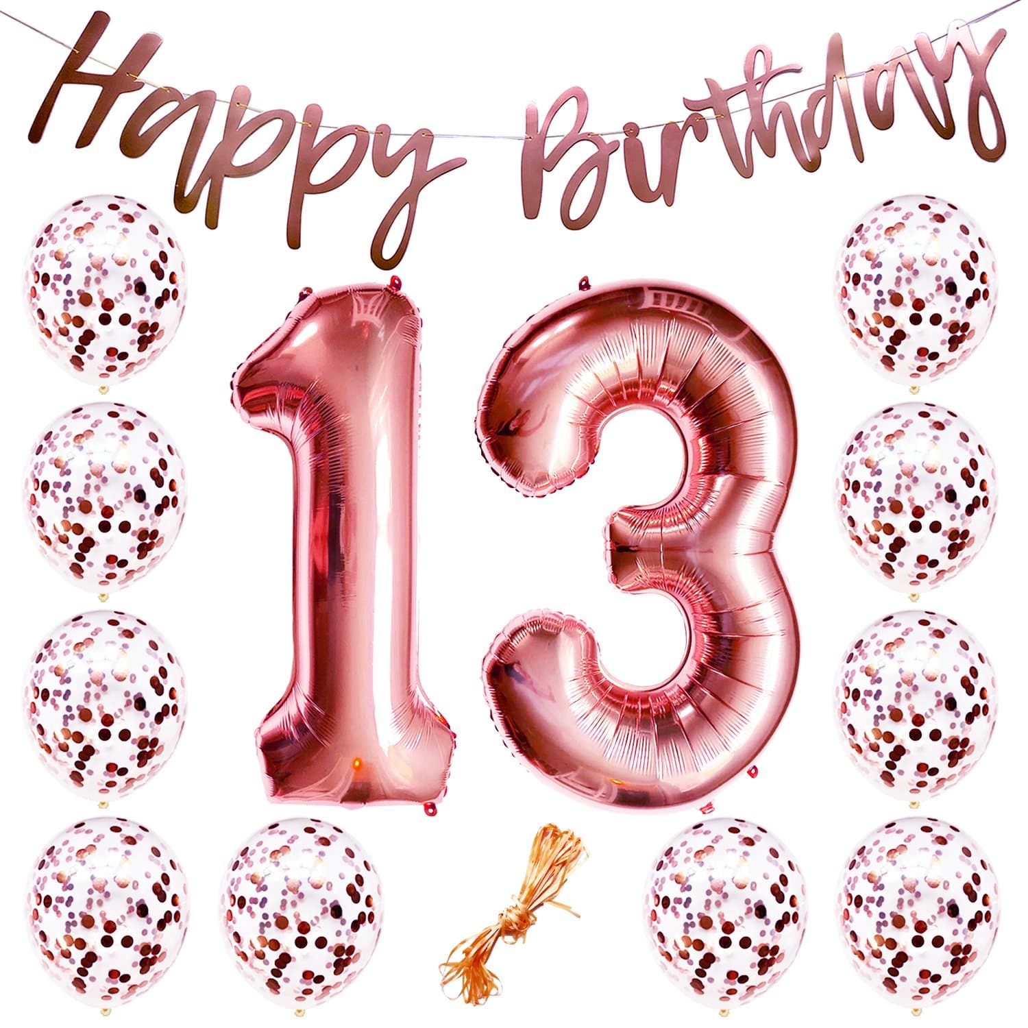 13th Birthday Party Decorations Rose Gold Decor Strung Banner (HAPPY BIRTHDAY) & 12PC Helium Balloons w/ Ribbon [Huge Numbers “13”, Confetti] Kit Set Supplies Bundle | Thirteenth 13 Year Old Year-Old