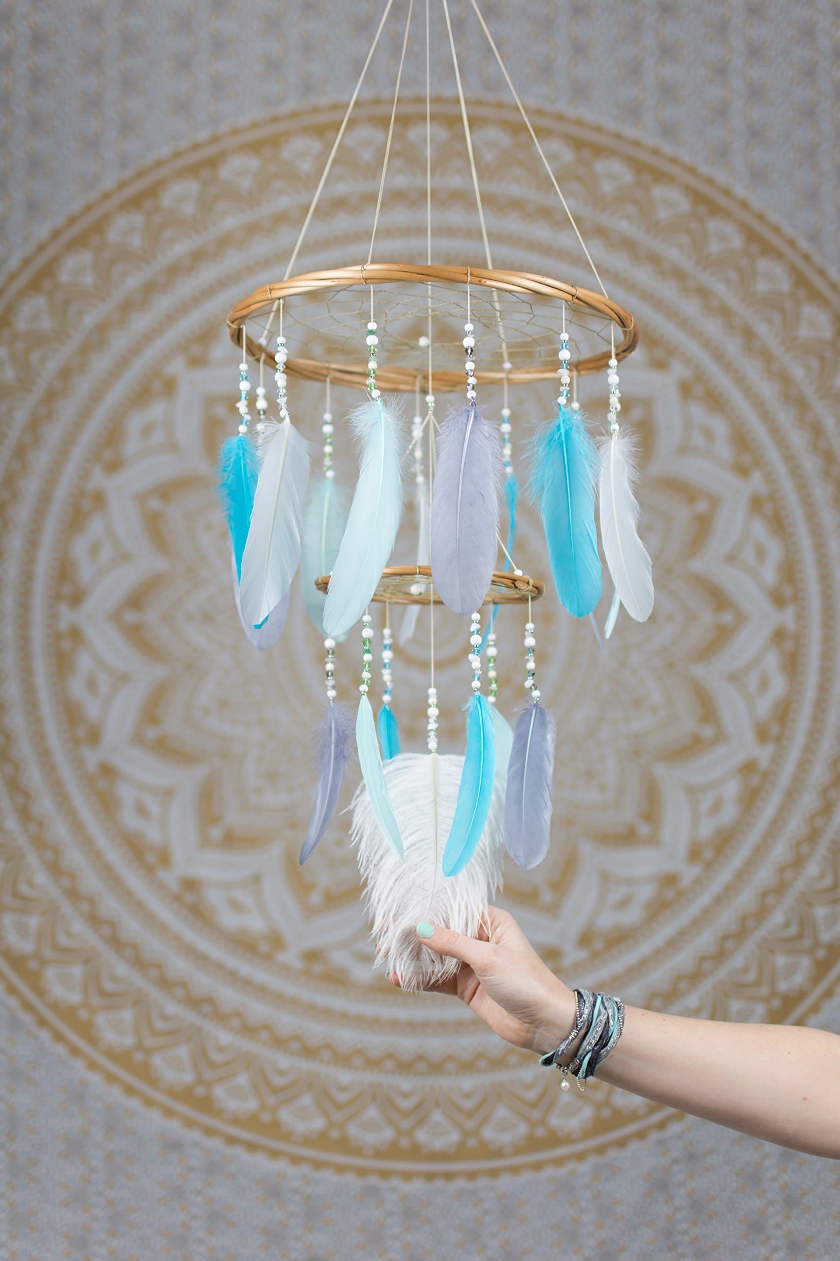 Dreamcatcher Mobile Chandelier Blue Grey White - Handmade Dream Catcher Mobile Gift Perfect for Baby Showers and Nursery Gifts