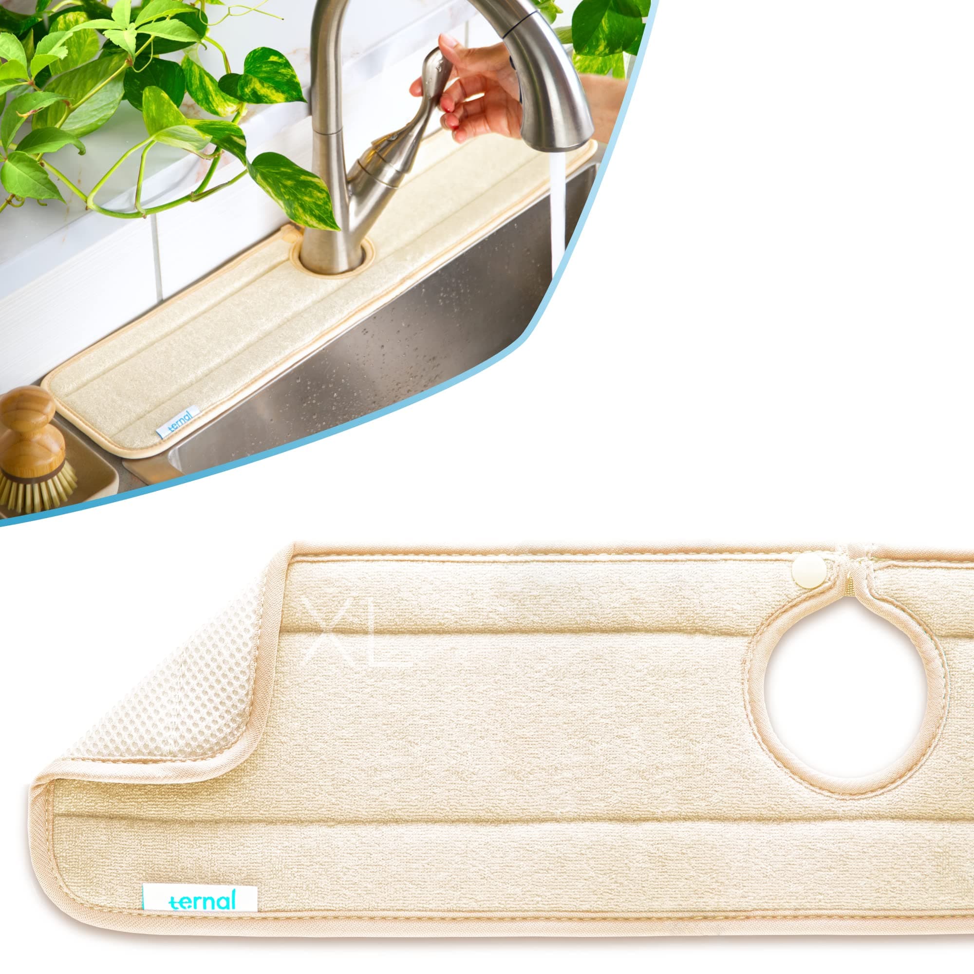 Ternal Sinkmat for Kitchen Faucet, Original Design, Absorbent Microfiber Fabric, Machine Washable Splash Guard & Drip Catcher For Around Faucet Handle [Cream, XL, 1 Pack]