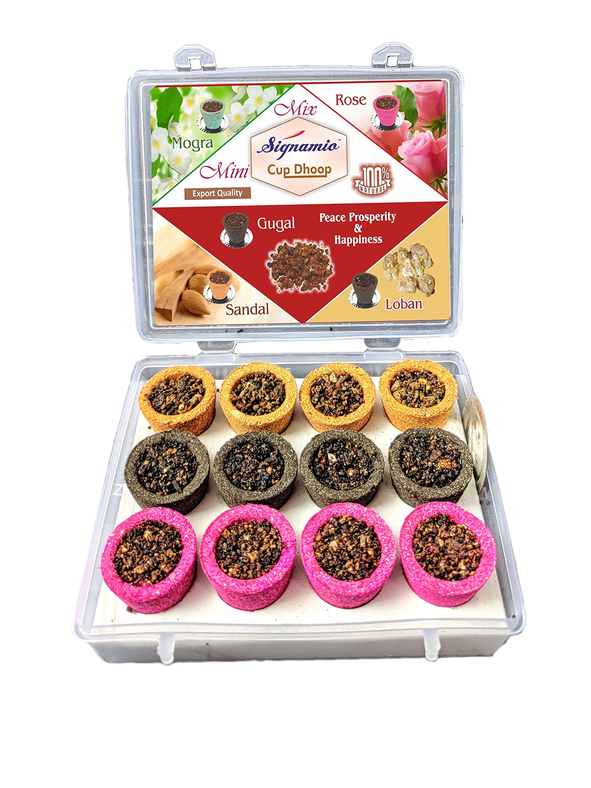 SIGNAMIO® Upgraded Mini Dhoop Cup with Burner Plate for Havan, Yoga, Pooja, Meditation and Spiritual Events - Mix 3 Flavour