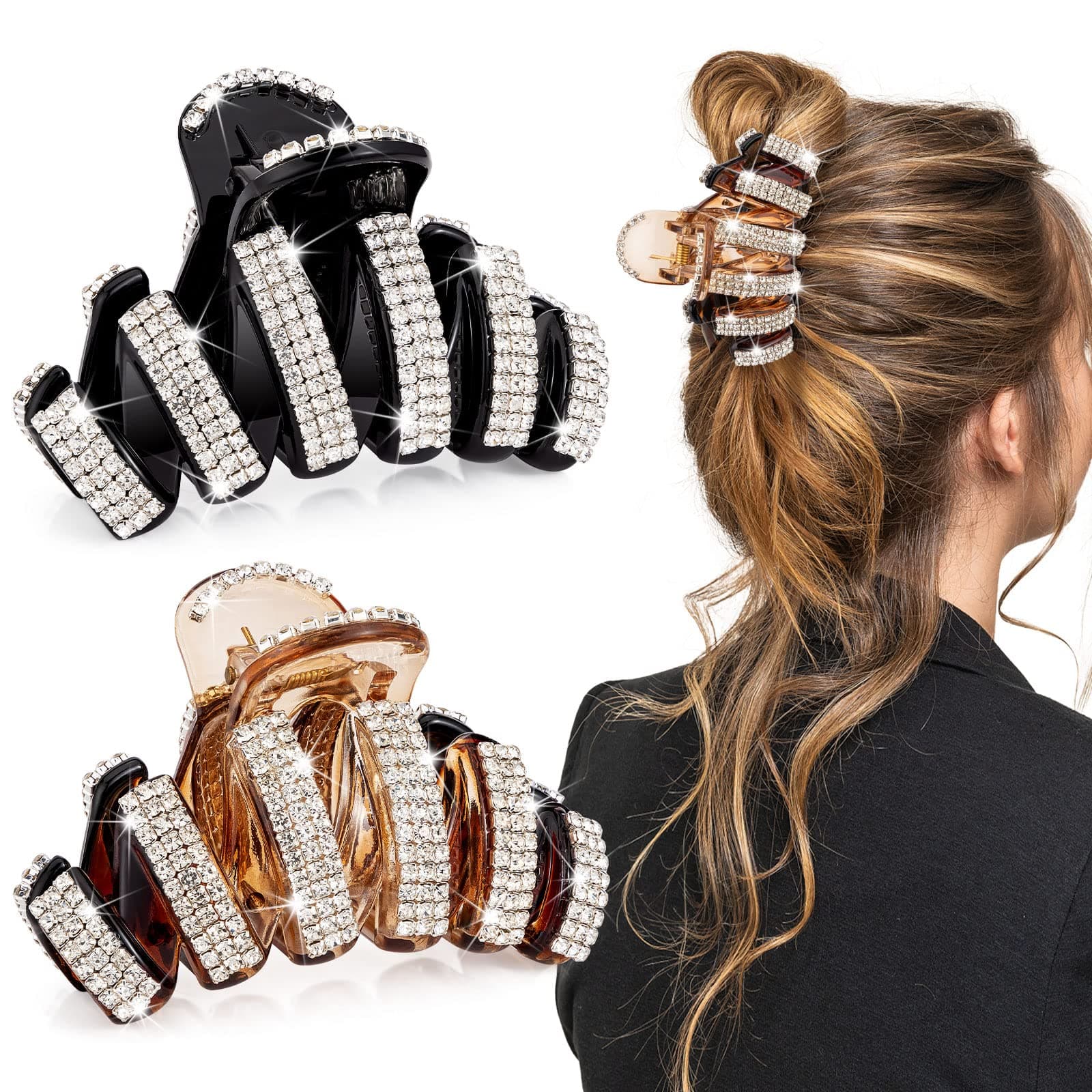 2PCS Crystal Rhinestone Hair Clamps for Women - Acrylic Large Bling Jaw Clips with Strong Hold for Thick Hair