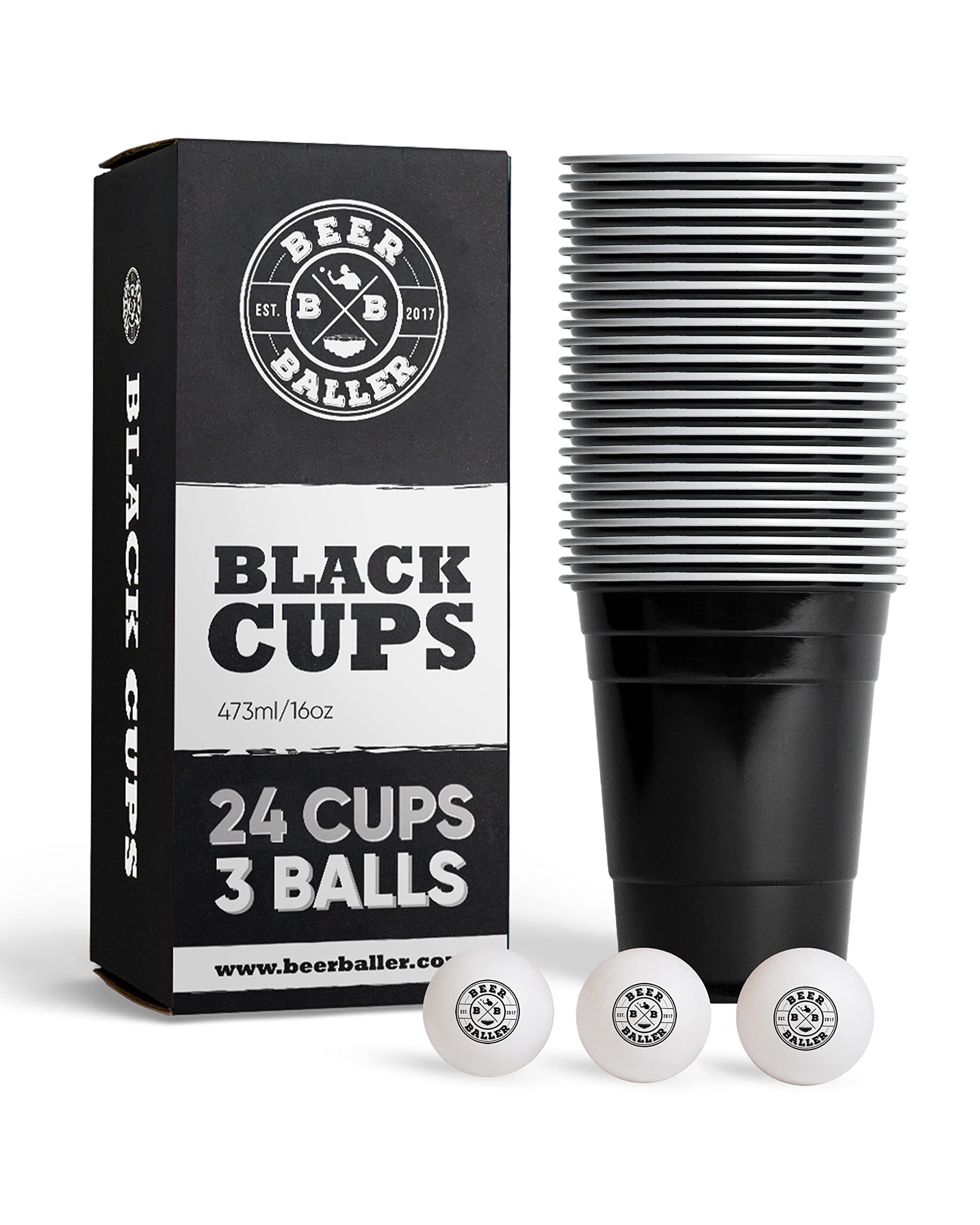Black Cups Set Including 24 Black Party Cups and 3 Balls Dishwasher Safe and Reusable 16 Ounce Original Red Cups Size