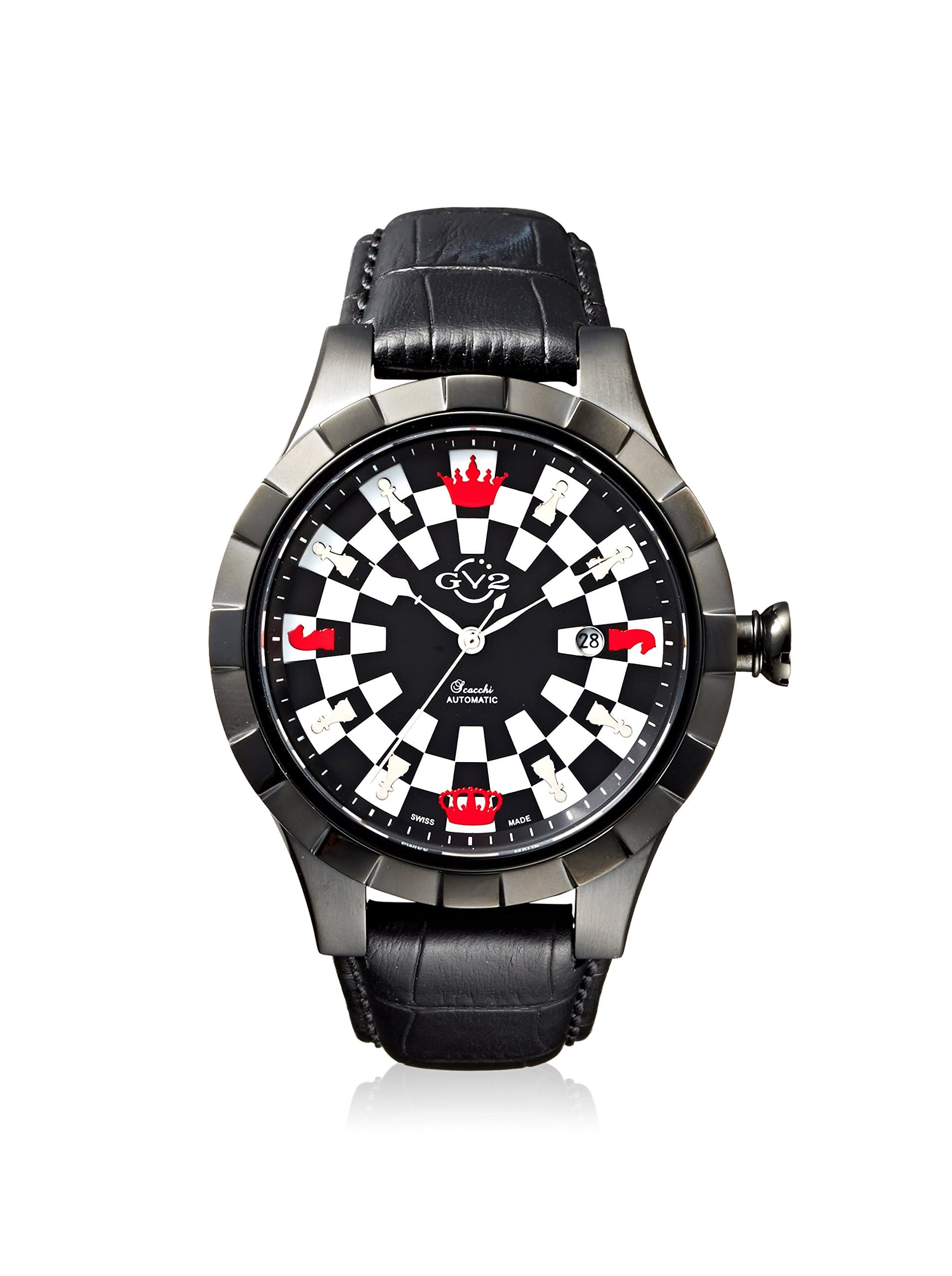 GV2 by Gevril Scacchi Mens Swiss Automatic Chess Black Leather Strap Date Watch, (Model: 9501)