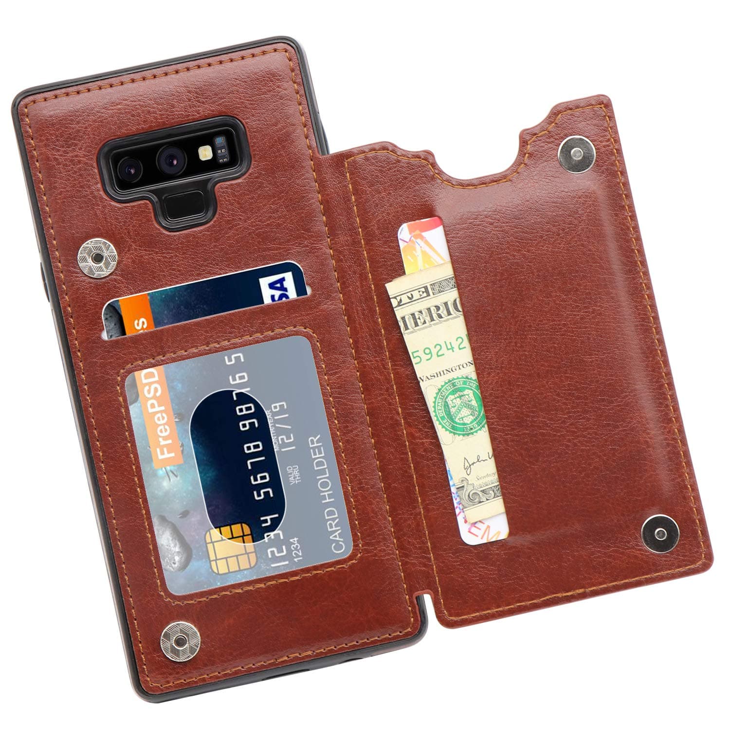 MMHUO Galaxy Note 9 Wallet Case, PU Leather Galaxy Note 9 Case with Credit Card Holders Double Magnetic Buttons Flip Shockproof Protective Cover Compatible Samsung Galaxy Note 9 (2018) - Brown