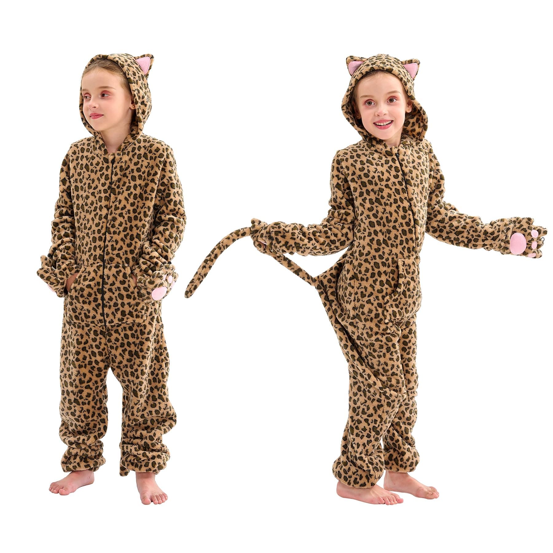 familus Cheetah Costume Kids Girls Boys Halloween Costumes for 9-10 Years,Warm Soft Unisex Animal Cheetah Jaguar Leopard Onesie Dress Up Costume for Play