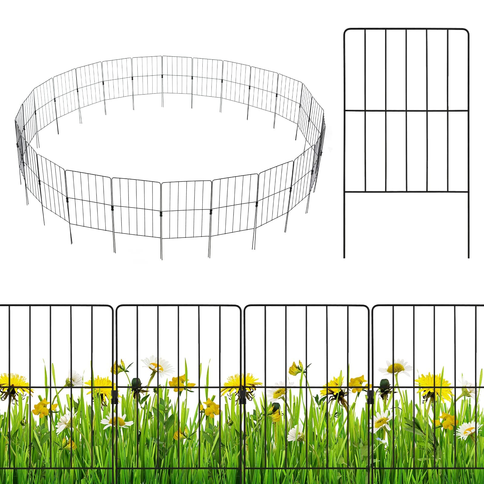 COSTWAY 5PCS/15PCS/25PCS Garden Fence, Outdoor Metal Rustproof Landscape Decorative Fencing Panels with 360°Rotatable Connector, Animal Barrier Flower Bed Border (25 Pcs, 24in x 27ft Total)