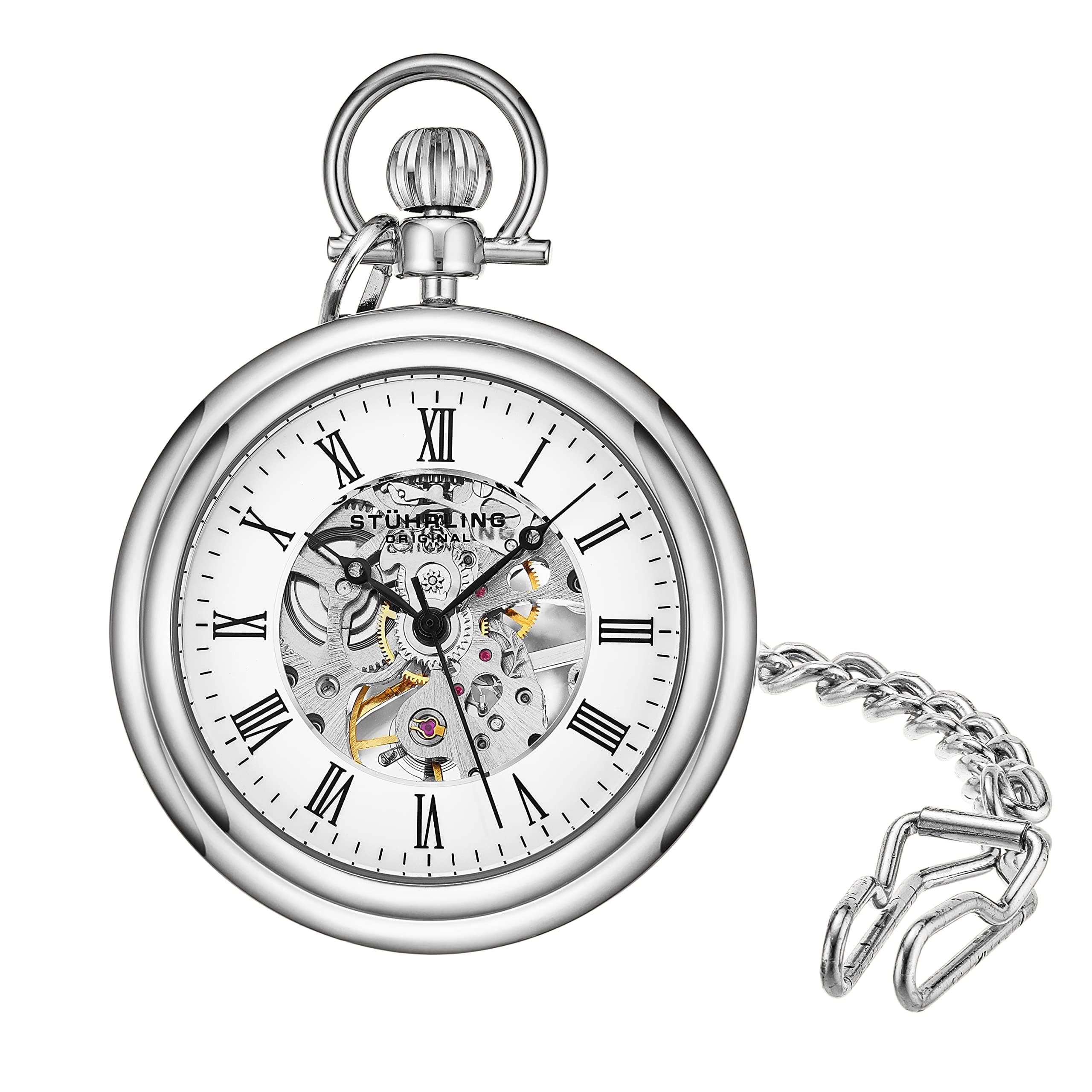 Men's Pocket Watch Stainless Steel Analog Skeleton Watch Hand Wind Mechanical Movement Stainless Steel Chain