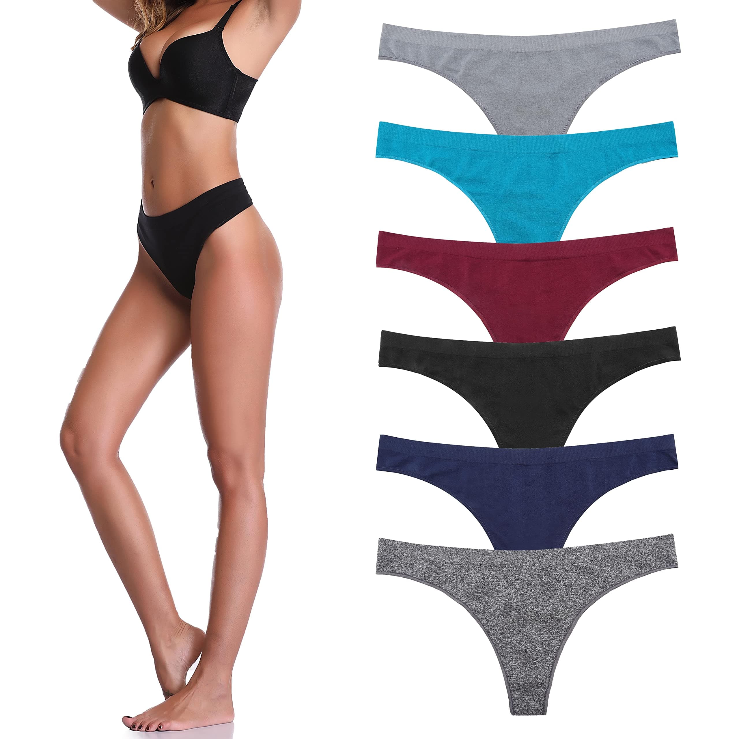 Imakokoni Seamless Thongs for Women No Show 6 Pack Women's Nylon Spandex Thong