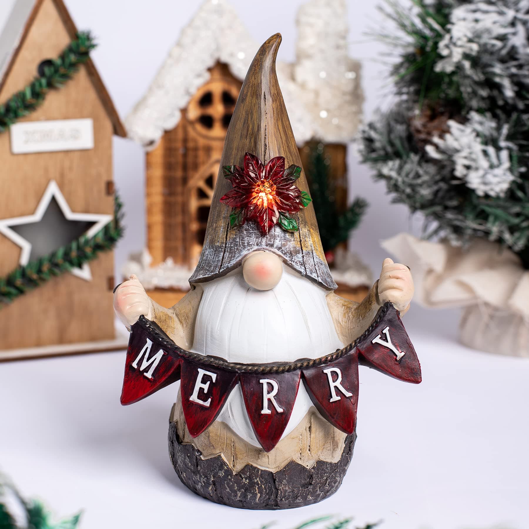 Christmas Gnome Holding Flag Figurine with LED Light for Christmas Decor. (Christams Gnome)