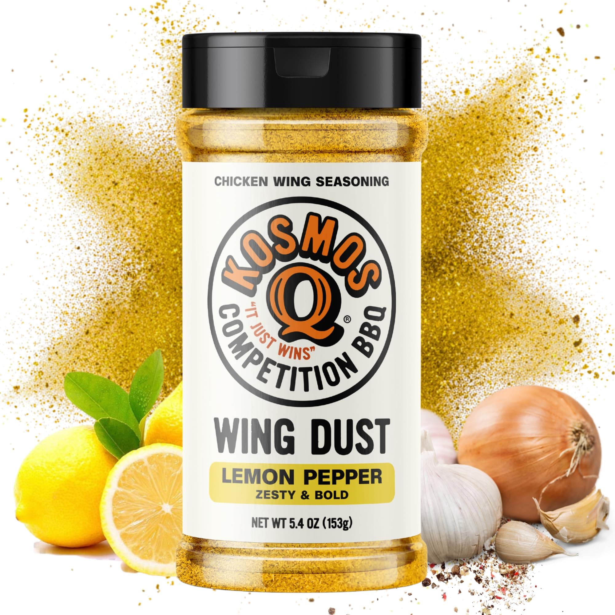 Kosmos Q Lemon Pepper Seasoning Wing Dust, Lemon Pepper Powder Chicken Wing Seasoning For Chicken, Fish, Popcorn & More, Zesty Citrus & Touch of Heat, Dry Rub Dust For Grilling, 5 Oz Shaker Bottle