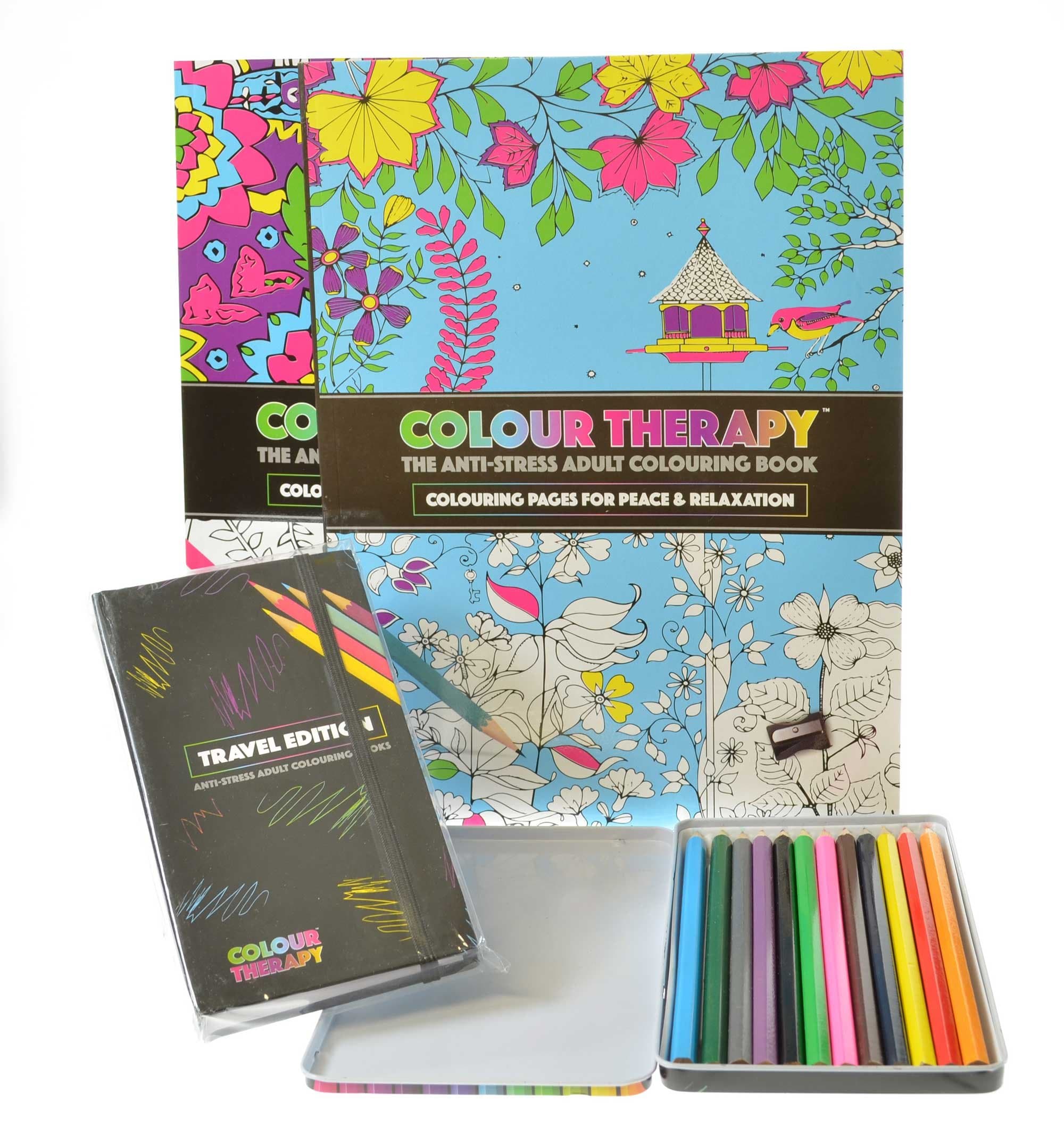 Colour Therapy Adult Colouring Pack Travel Kit A4 Colouring Books and 12 Coloured Pencil Pack